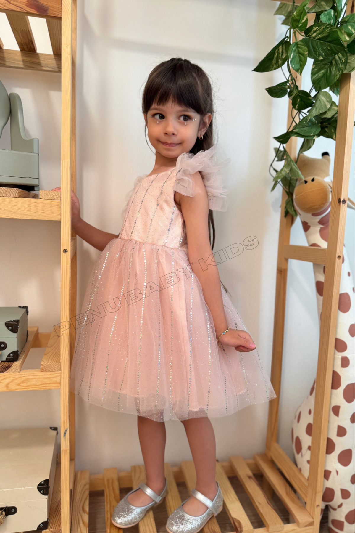 penu baby kids Pudra Yarım Kol Baskı Şeritli Tül Kız Çocuk Kız Bebek Elbise fotoğrafı 4 (önizleme)