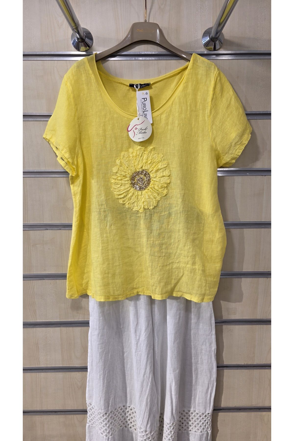 Park Moda İtalyan Keten Bluz Daire Çiçek Desen