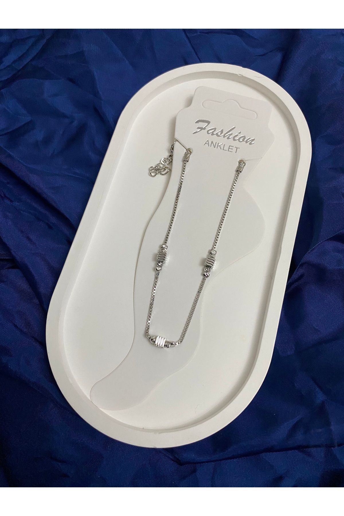 asem jewelry MODERN TASARIM GÜMÜŞ RENGİ BONCUK DETAYLI ZİNCİR HALHAL