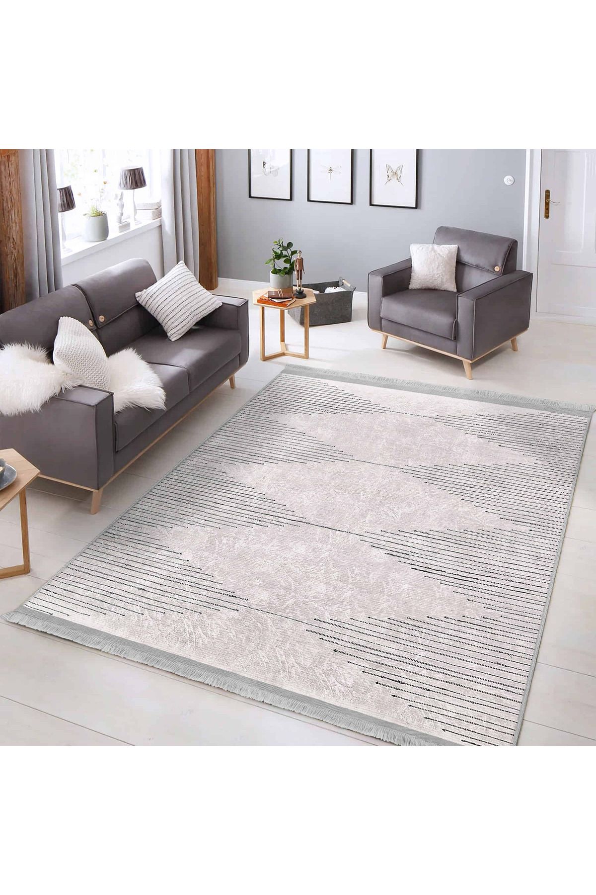 Realhomes Minimalist Siyah Çizgili Desenli Modern Salon Halısı - Yıkanabilir Kaymaz Tabanlı Dikdörtgen Halı