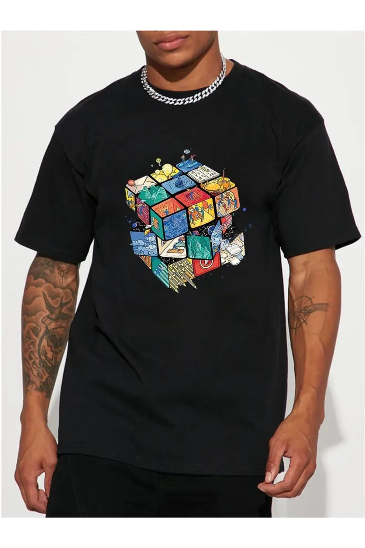 qubo sportswear & company qubo Unisex Oversize Baskılı Pamuklu Bisiklet Yaka Kısa Kollu SİYAH T-shirt