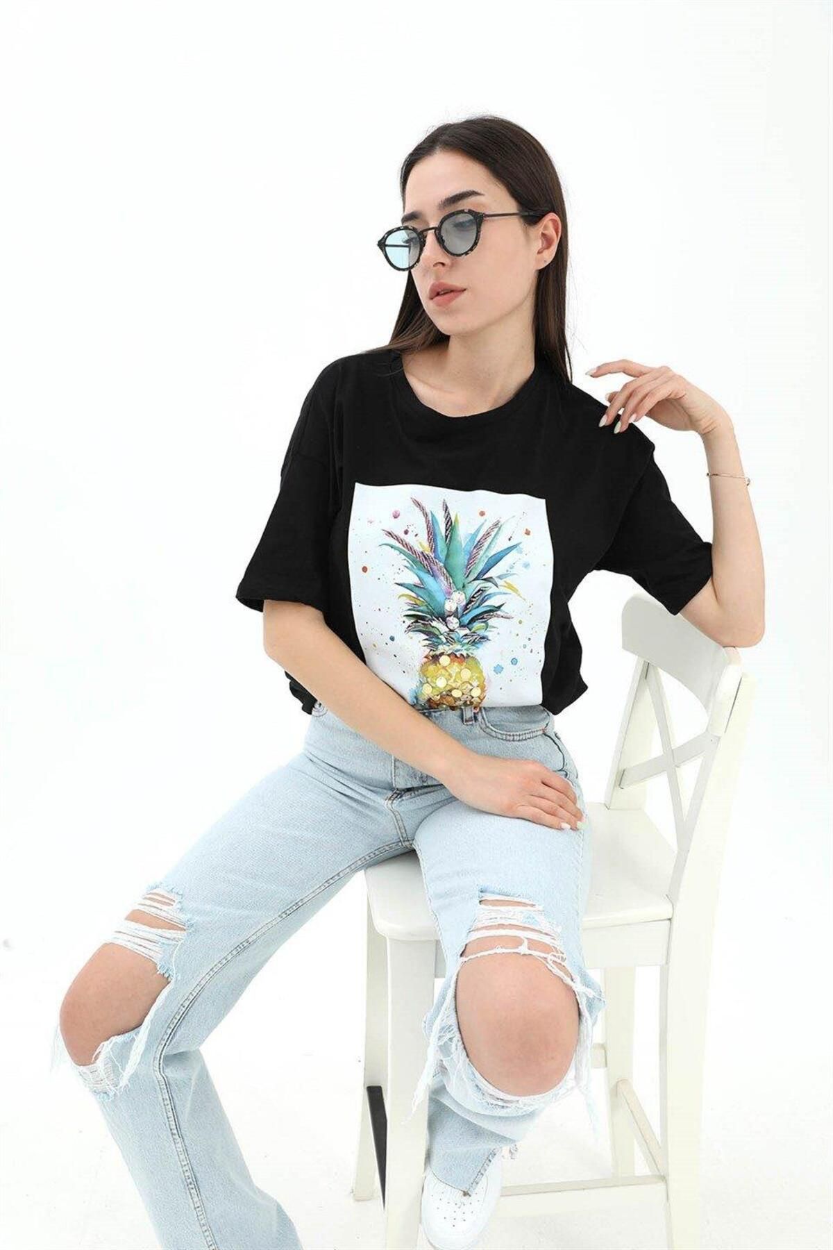 LLOHA Bisiklet Yaka Ananas Baskılı Süprem T-shirt - Siyah