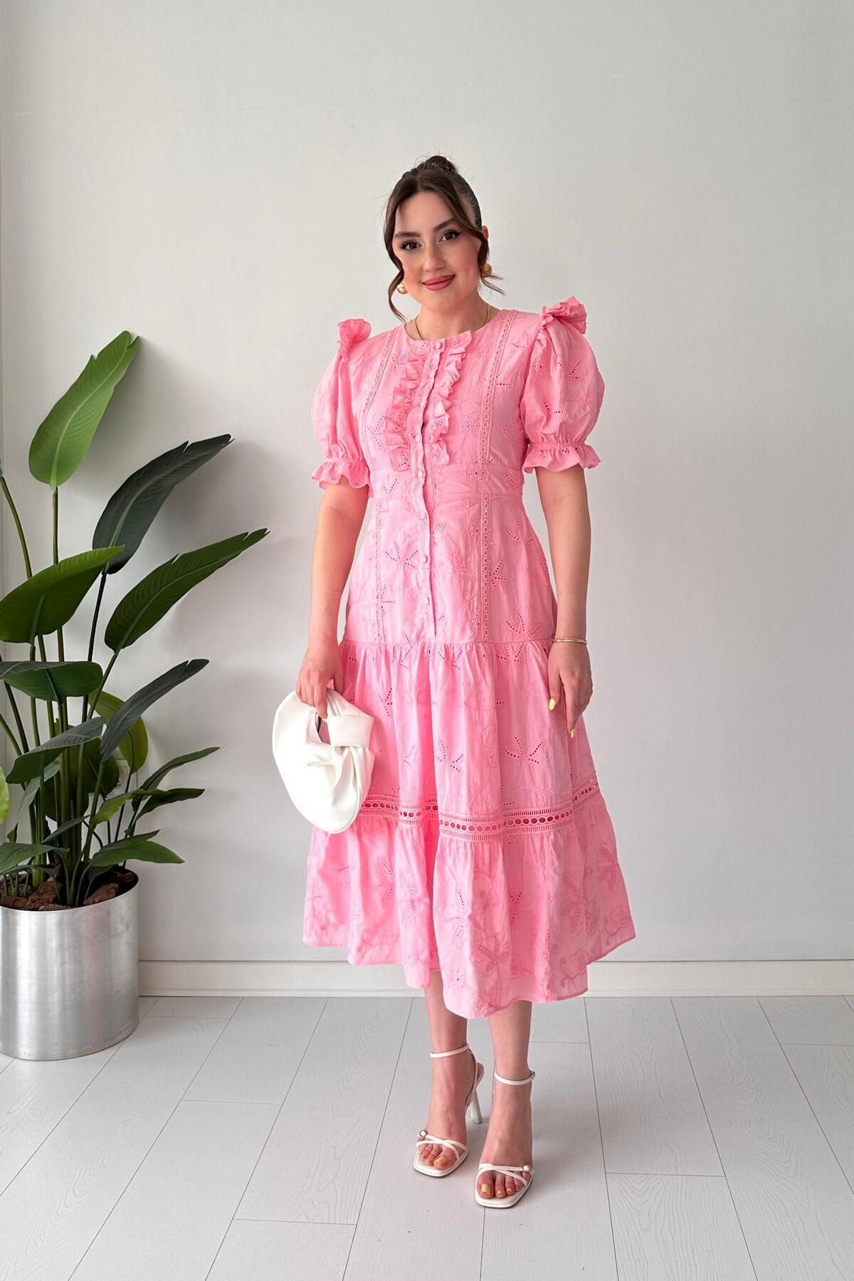 MaziButik Mercan Fisto Elbise Pembe