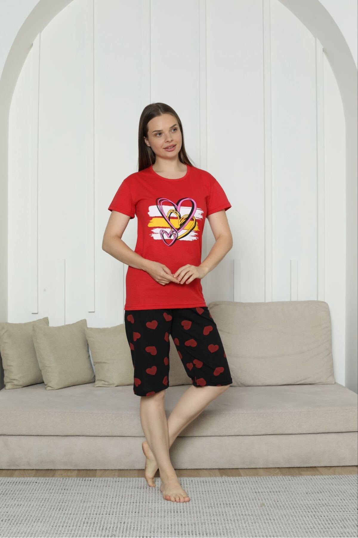 ASMATEKSTİL Kalp Desenli Kapri Pijama Takımı