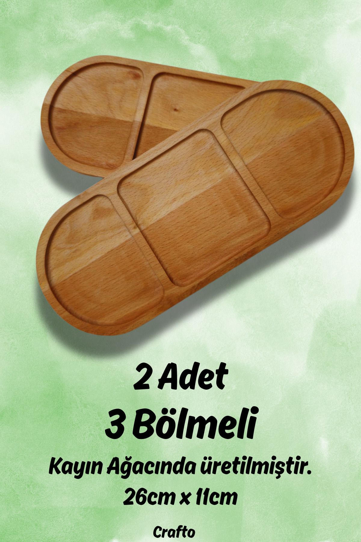 Crafto Kayın Sunumluk, 3 Bölmeli Kayın Ağacından Üretilmiş Sunumluk 2 Adet