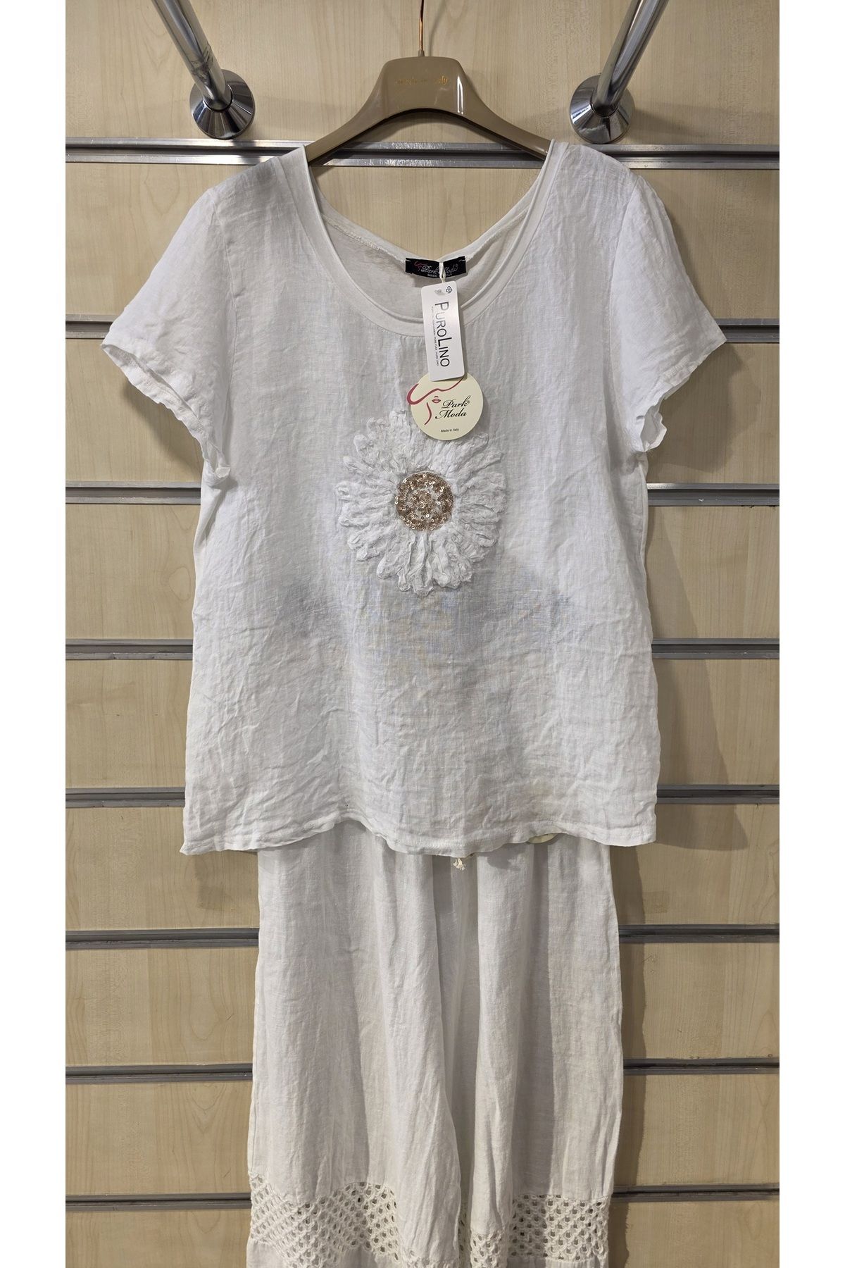 Park Moda İtalyan Keten Bluz Daire Çiçek Desen