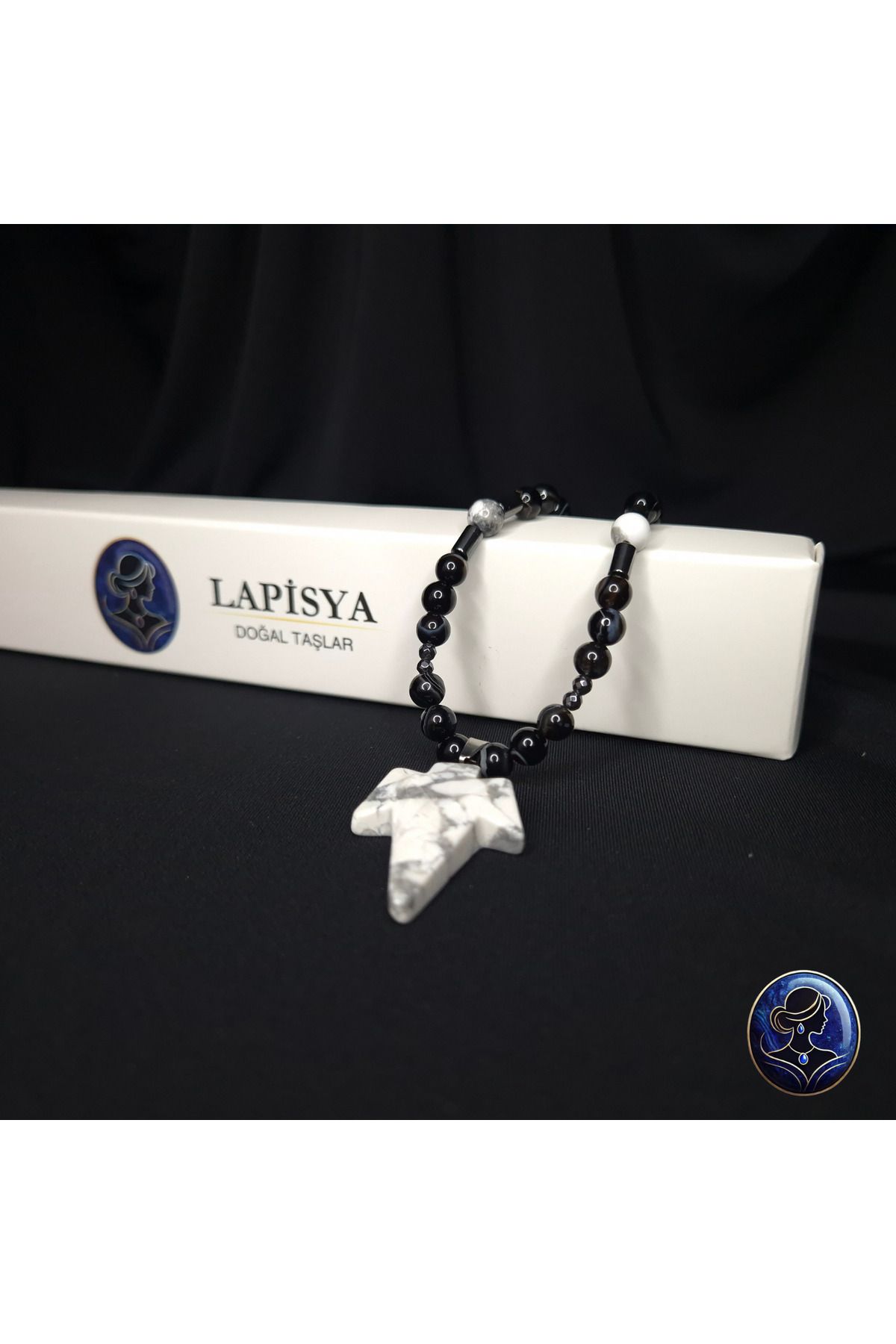 Lapisya Doğal Taş A Kalite 8mm Göz Akik (Nazar ve Stres) ve Şimşek Havlit Kolye Uçlu Tasarım Doğal Taş Unisex Kolye