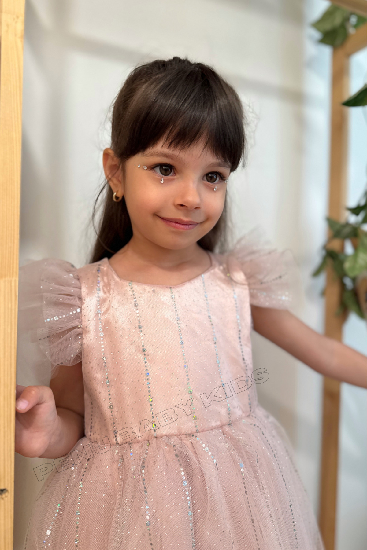 penu baby kids Pudra Yarım Kol Baskı Şeritli Tül Kız Çocuk Kız Bebek Elbise fotoğrafı 3 (önizleme)