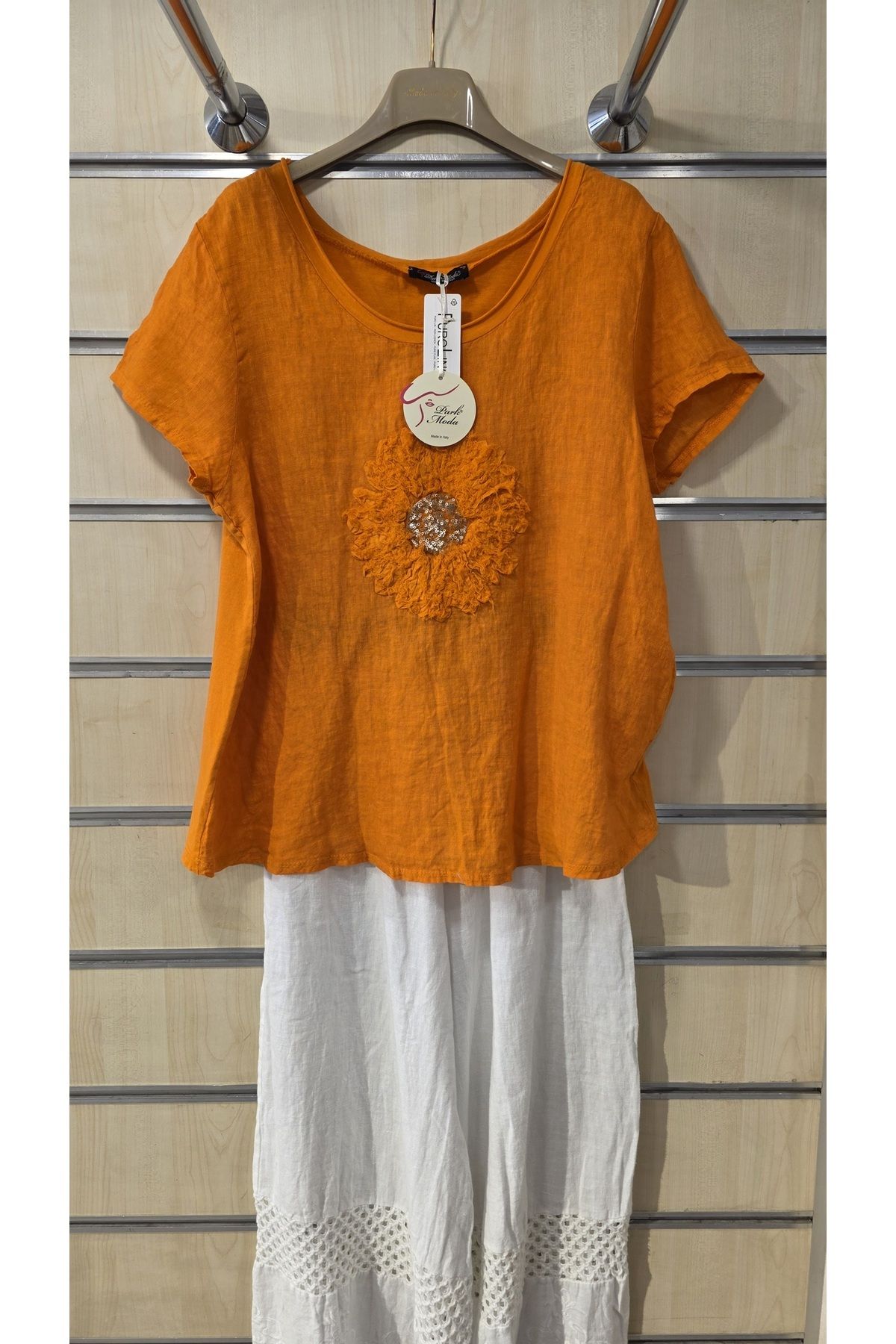 Park Moda İtalyan Keten Bluz Daire Çiçek Desen