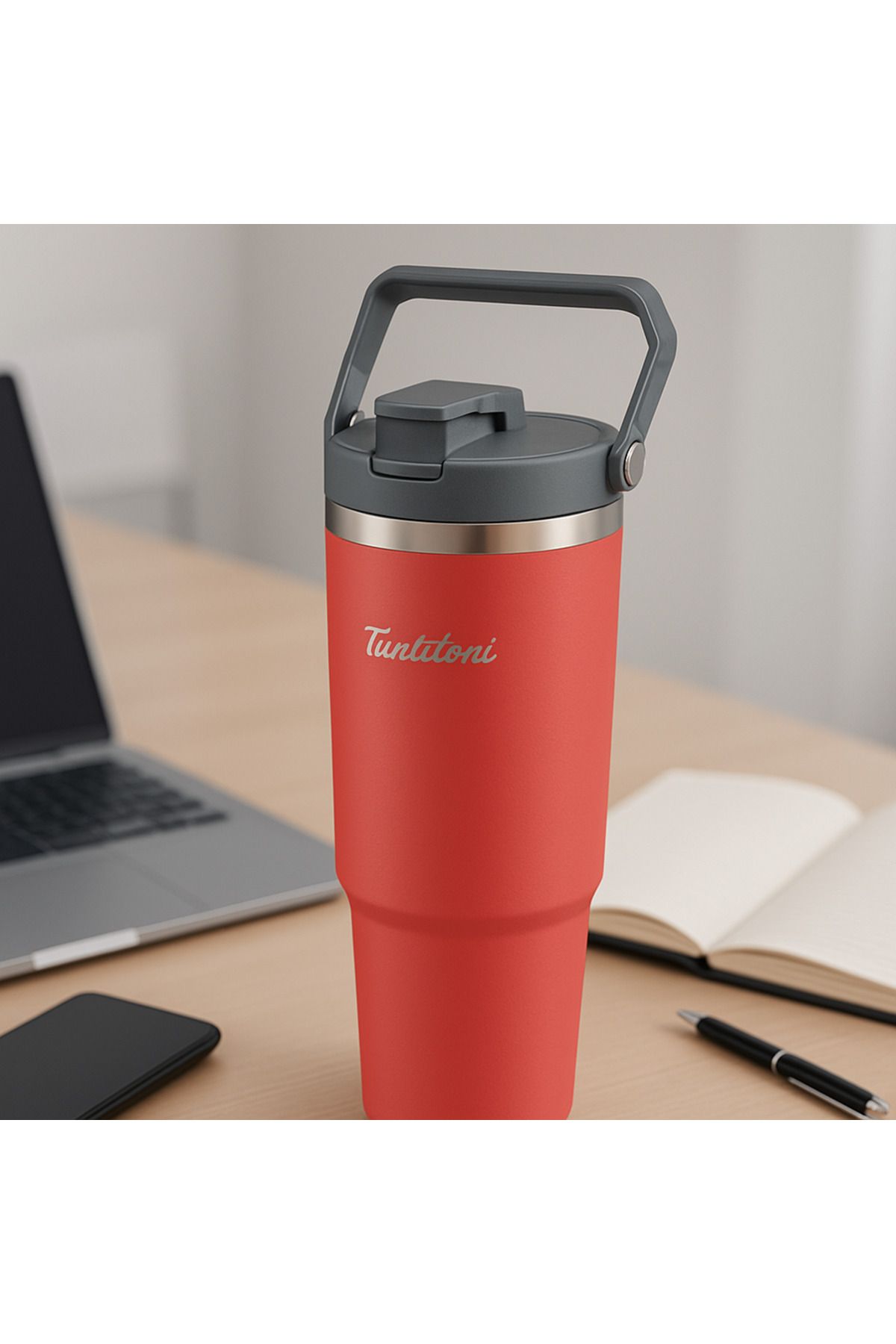 Tantitoni Shela Çelik Kulplu - Aç-Kapa Pipetli - 900 ML Premium Termos - Paslanmaz Çelik