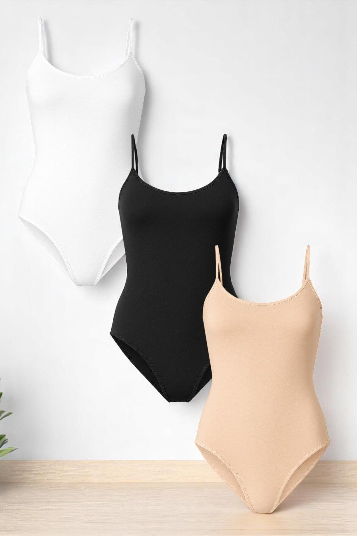 QKK Kadın Pamuklu Likralı Penye İnce Askılı Siyah&Beyaz&Ten 3'lü Çıtçıtlı Body