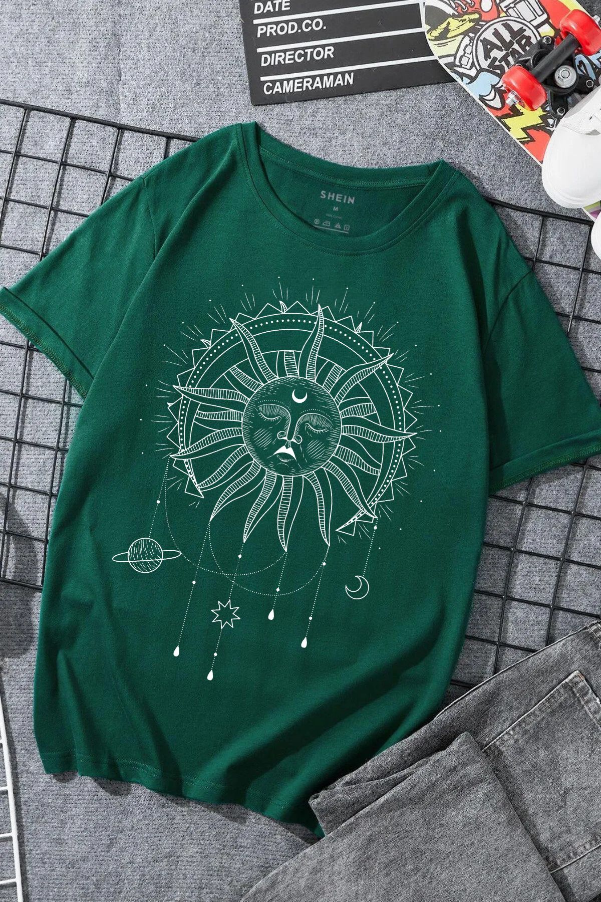 JAMPY Unisex Yeşil Güneş Baskılı Oversize T-shirt
