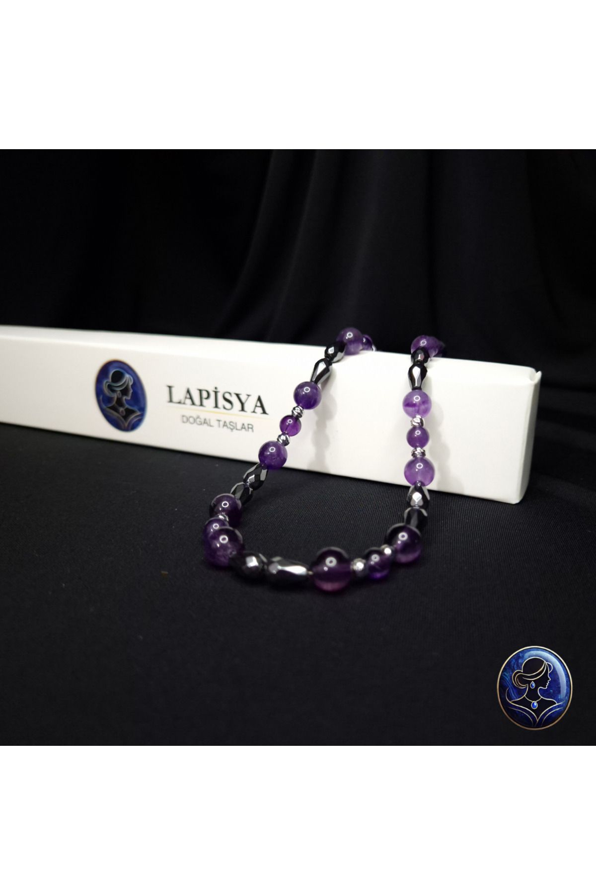 Lapisya Doğal Taş 1. Sınıf Ametist ve Hematit (Korunma) Tasarım Doğal Taş Unisex Kolye