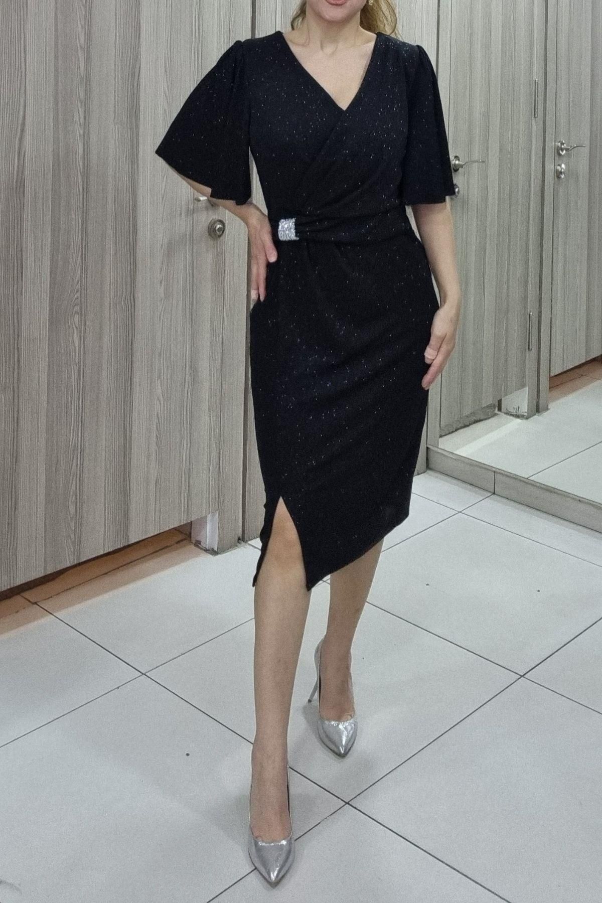 Maya Butik Siyah Kollar Volanlı Midi Büyük Beden Abiye Elbise - 39613