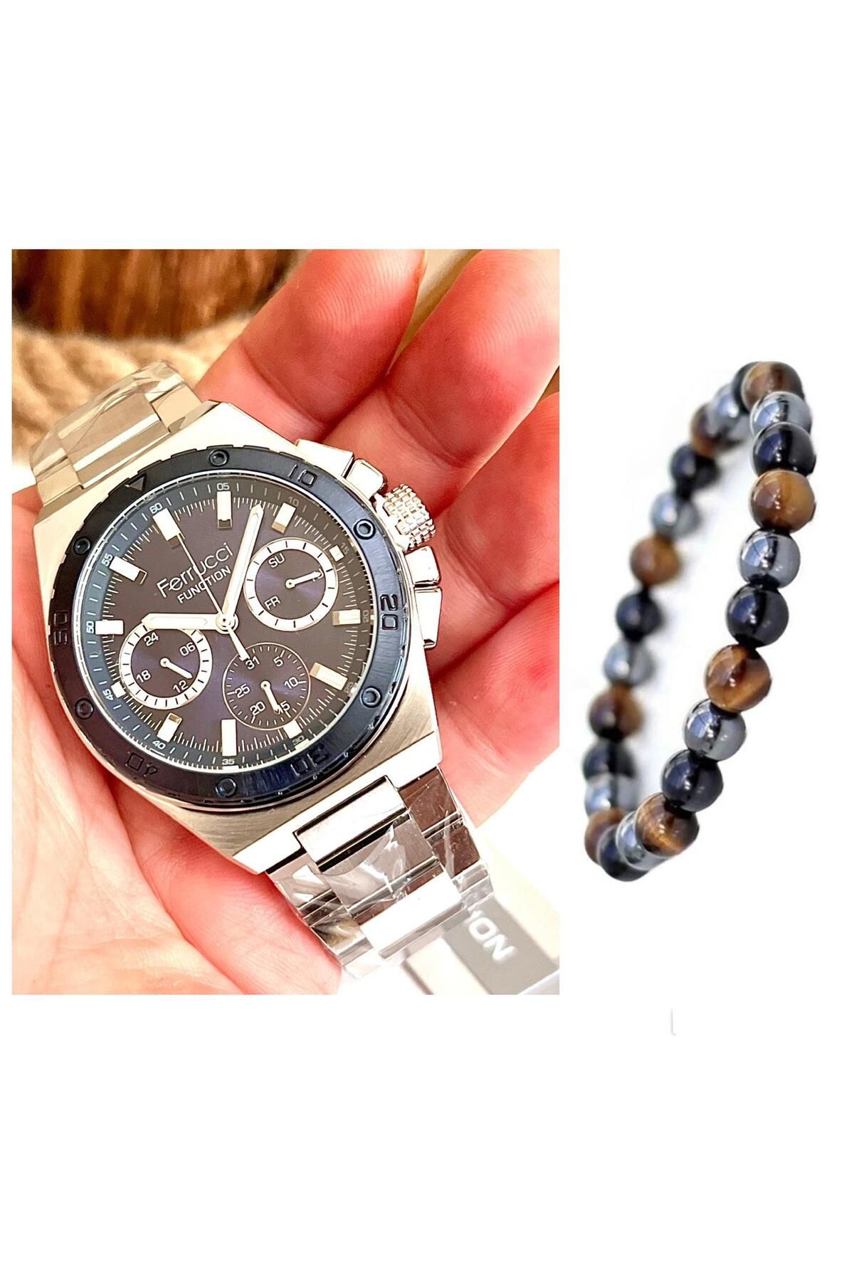 Ferrucci Spor Model Fonksiyonlu Çelik Erkek Kol Saati+Bileklik Hediye