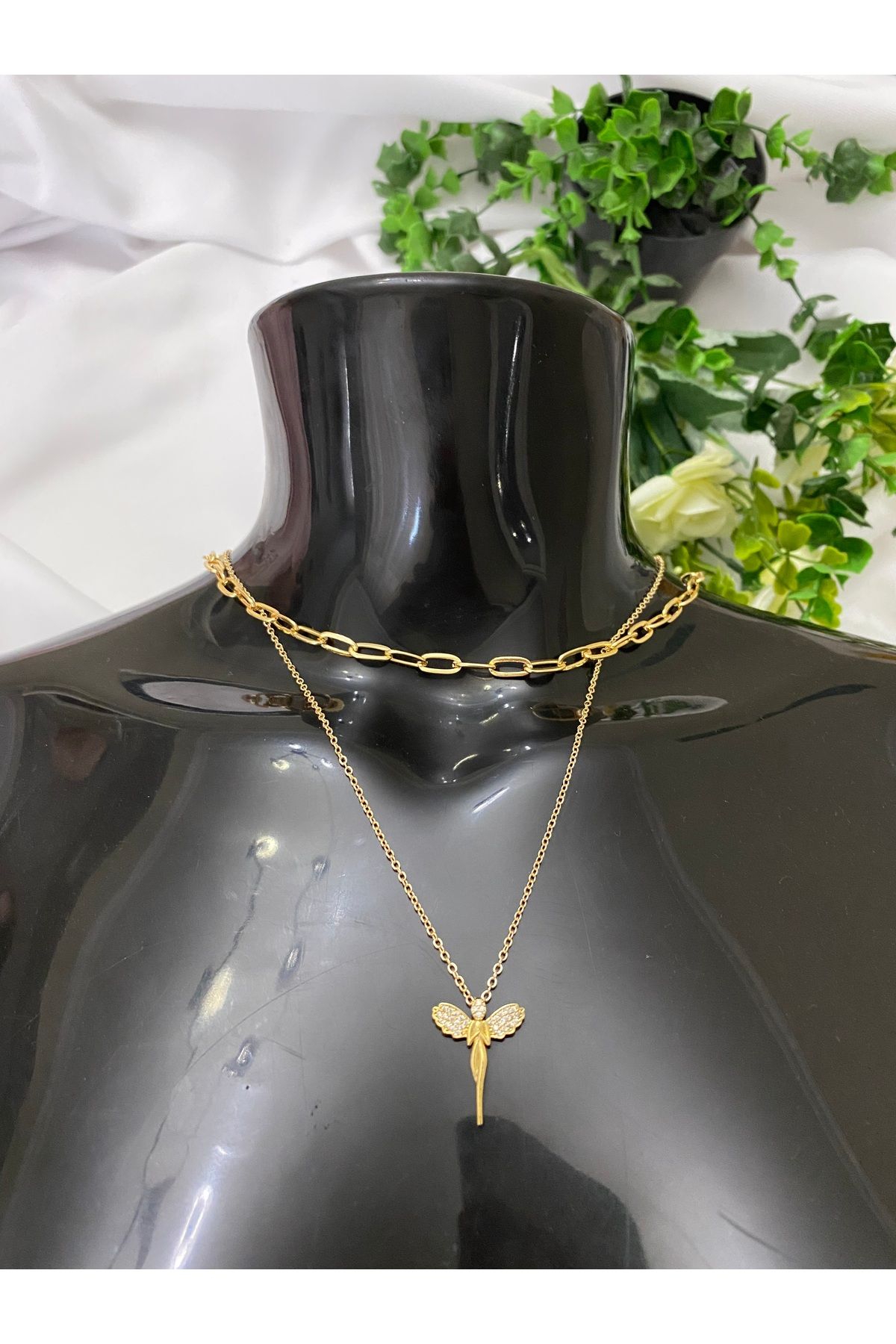 asem jewelry ÇİFT ZİNCİRLİ MELEK FİGÜRLÜ KOLYE