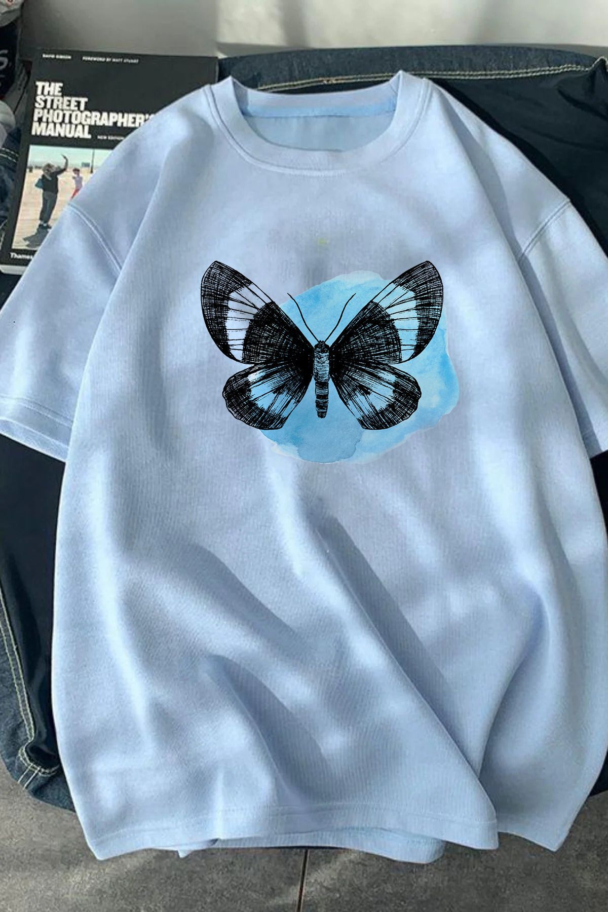 JAMPY Unisex Bebe Mavisi Kelebek Baskılı Oversize T-shirt