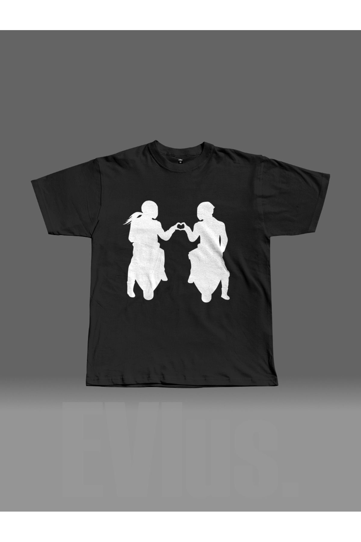EVIus Oversize Motorcu Sevgililer Kalp Baskılı Bisiklet Yaka T-Shirt