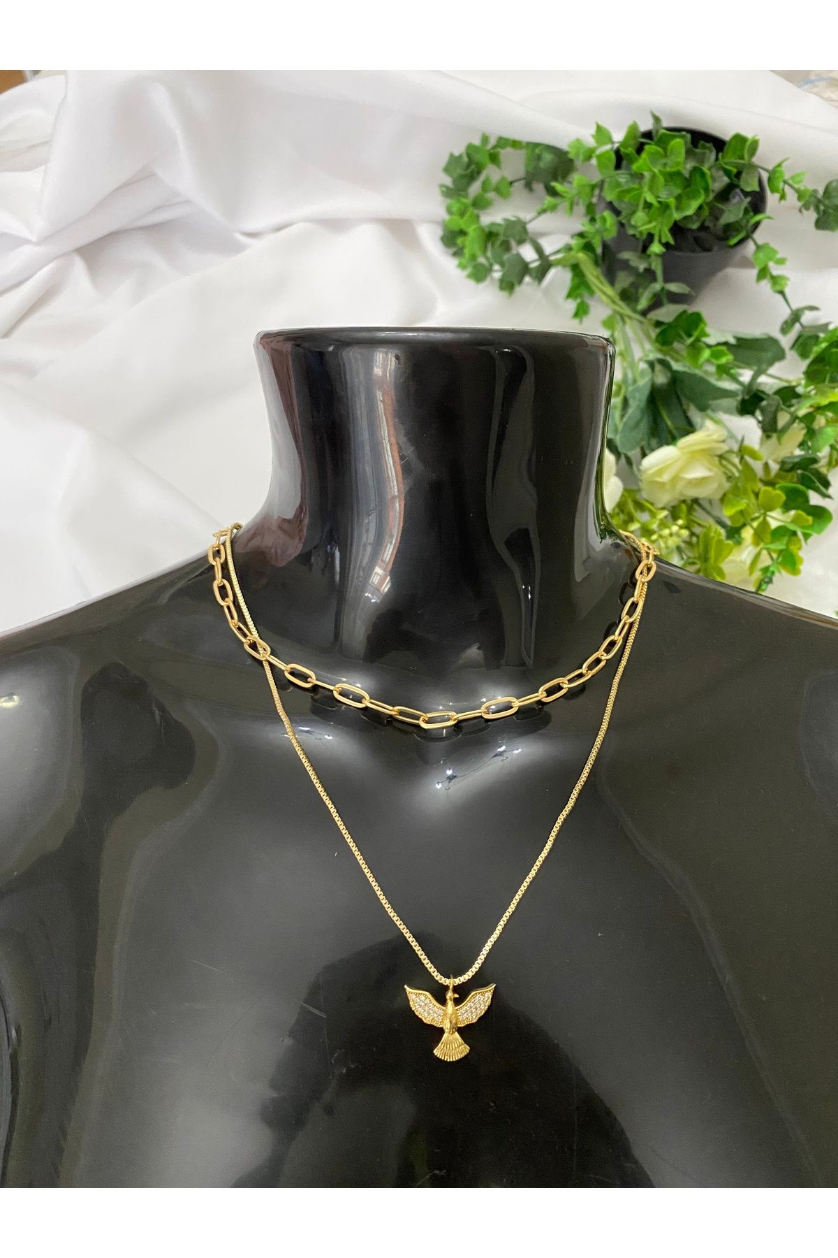 asem jewelry GOLD RENK ZİRKON TAŞLI ANKA KUŞU ÇİFT ZİNCİRLİ KOLYE