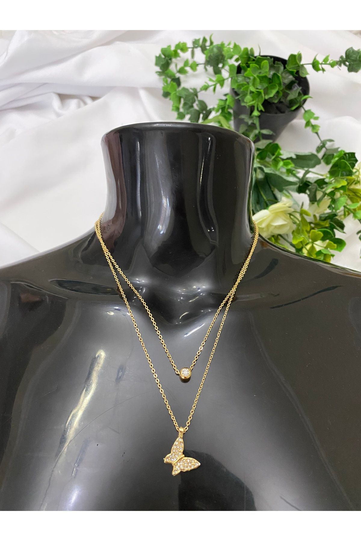 asem jewelry GOLD RENK ZİRKON TAŞ KELEBEK FİGÜRLÜ ÇİFT ZİNCİR KOLYE