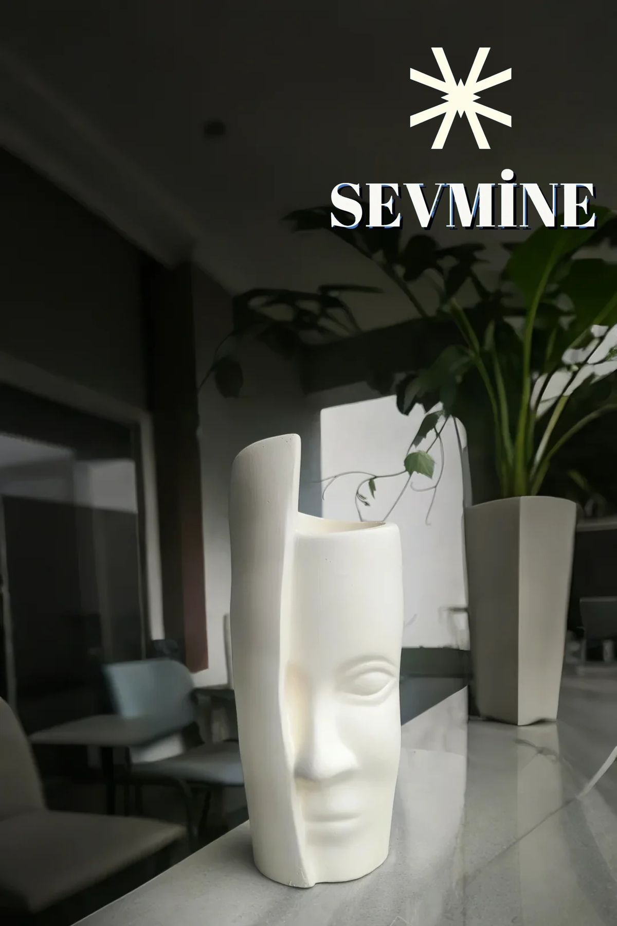 SEVMİNE Bohem Iskandinav Krem Tek Yüz Beton Vazo 31 Cm | Hediyelik Modern Şık Tasarım