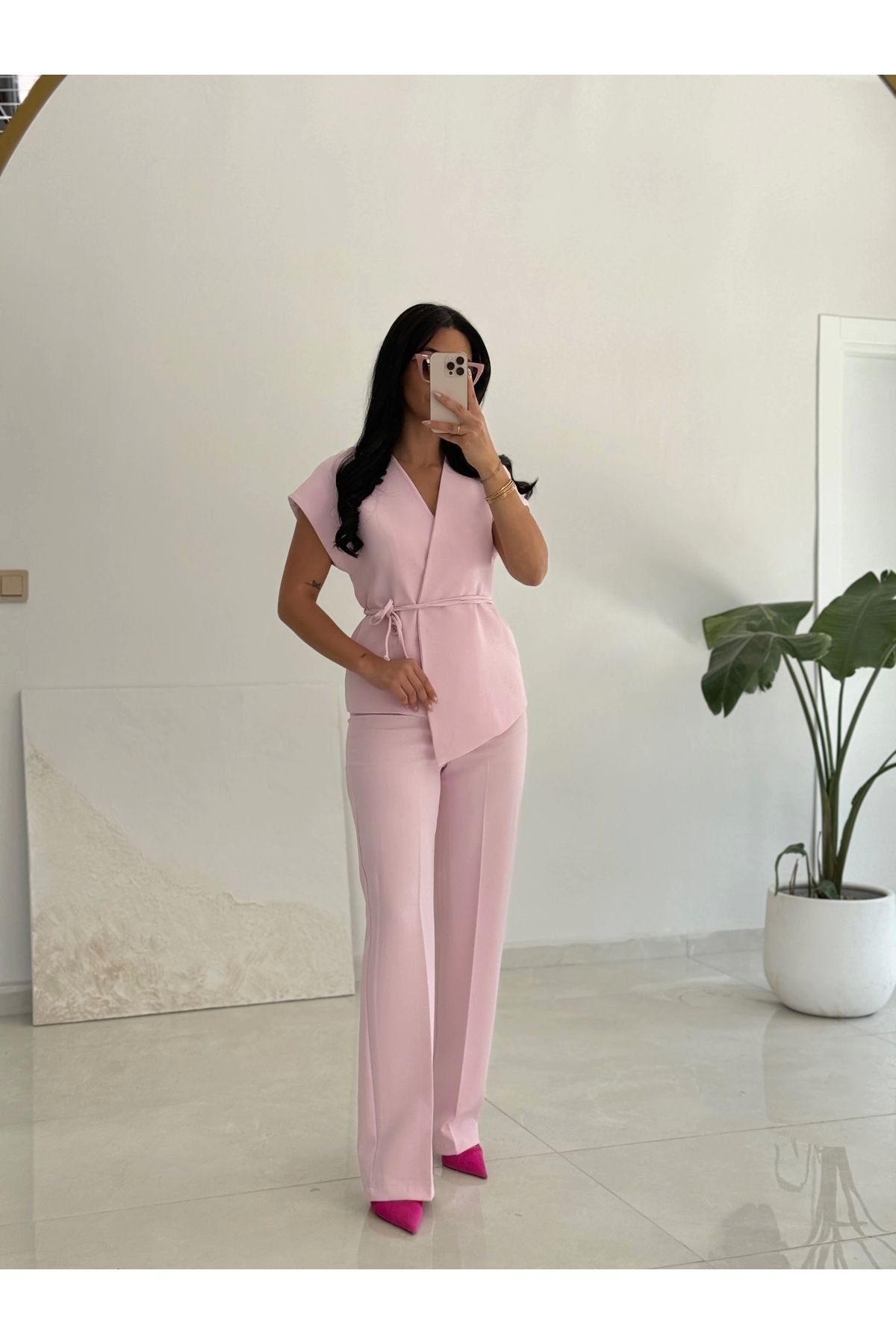 Myra Luna Bağlamalı Yelek Pantolon Takım-Pembe