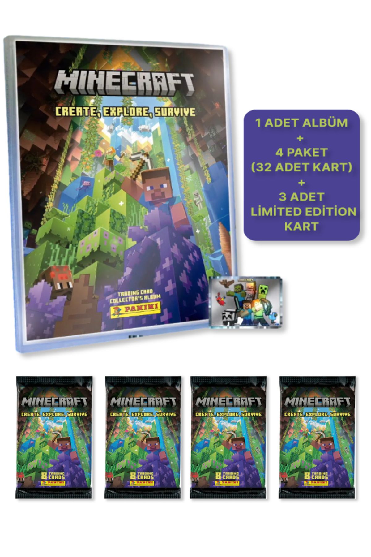 TOYFEST Panini Minecraft Create Explore Survive Starter Pack - Minecraft Başlangıç Paketi + 4 PAKET(35 Kart)