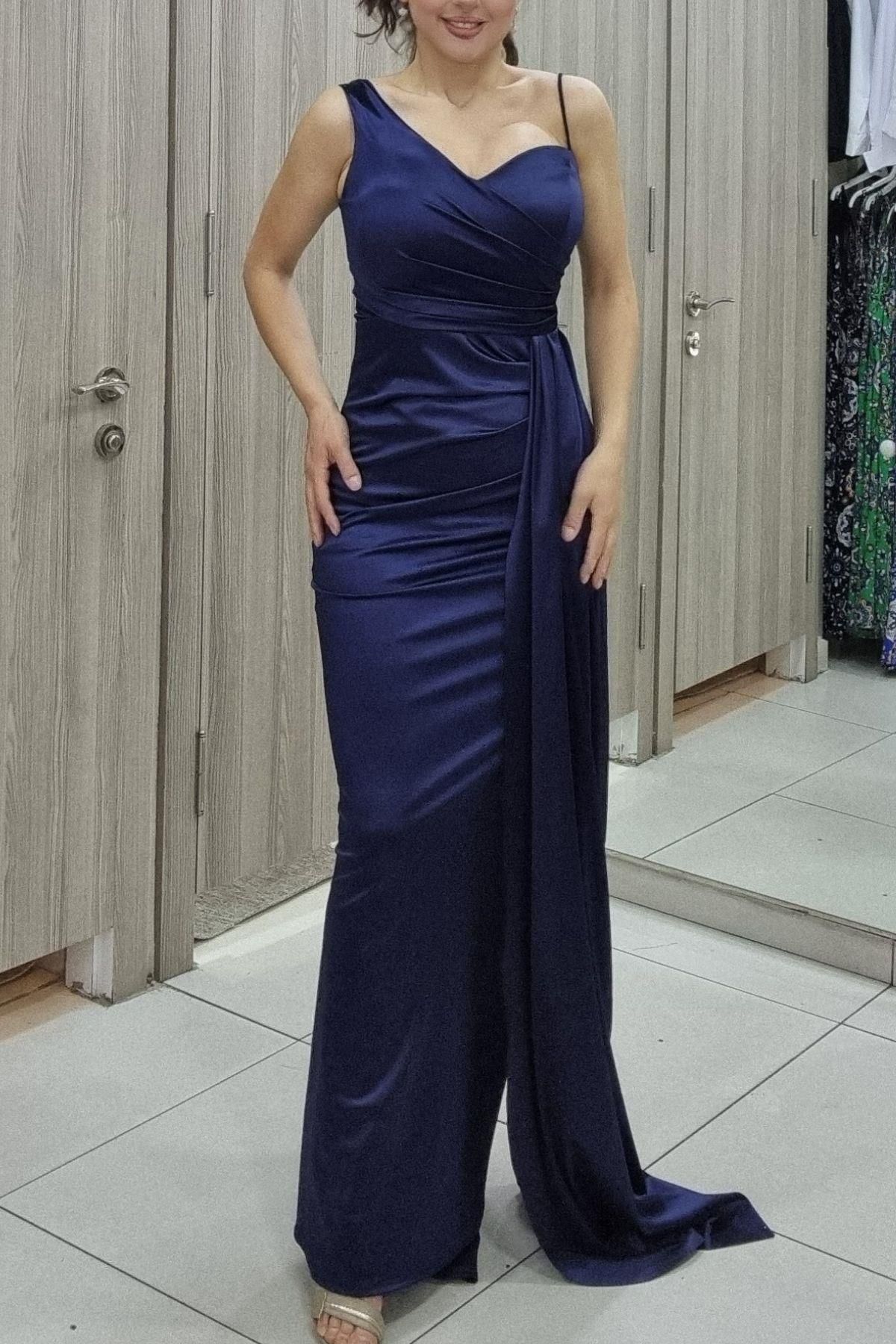 Maya Butik 39442 Tek Omuz Drapeli Uzun Abiye