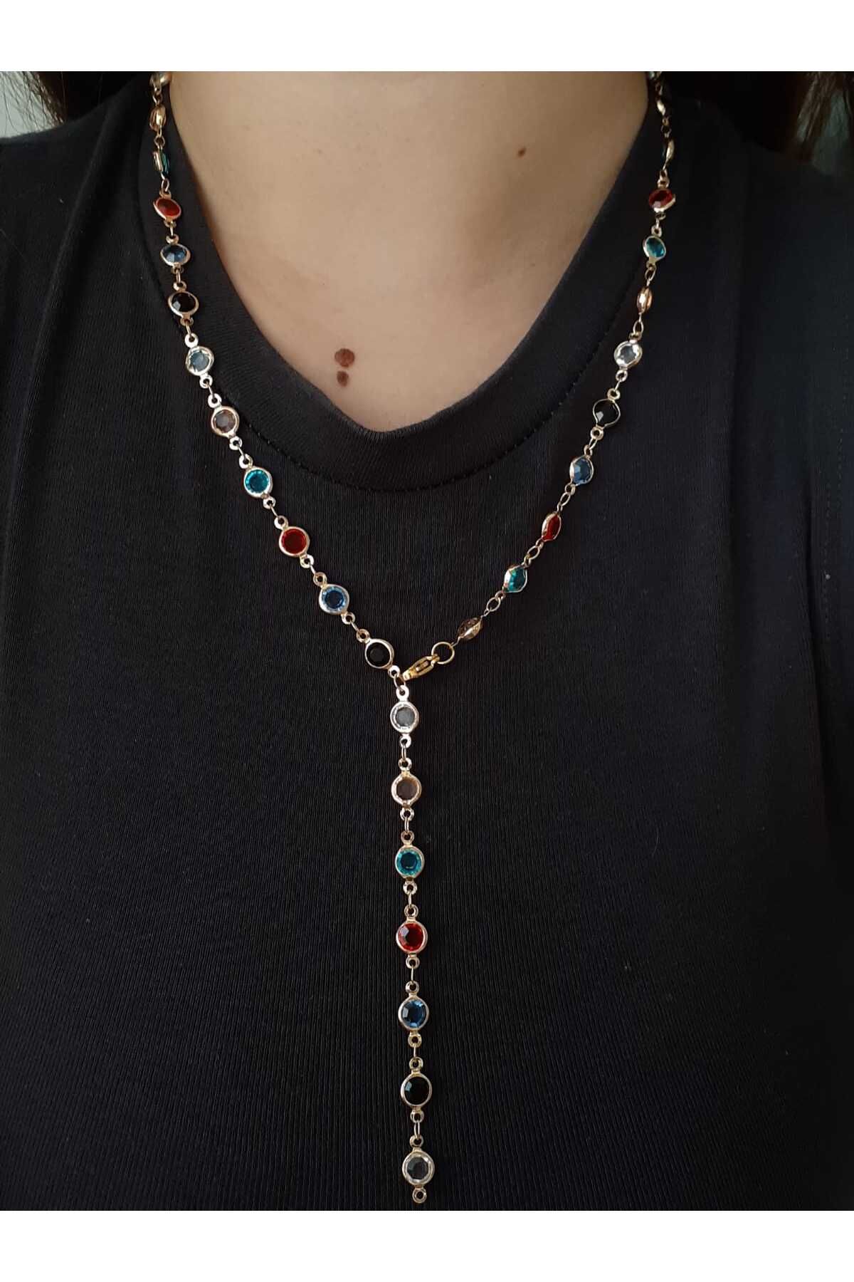 bijoux uniques Çelik Gold Çok Renkli Oval Taşlı Y Kolye