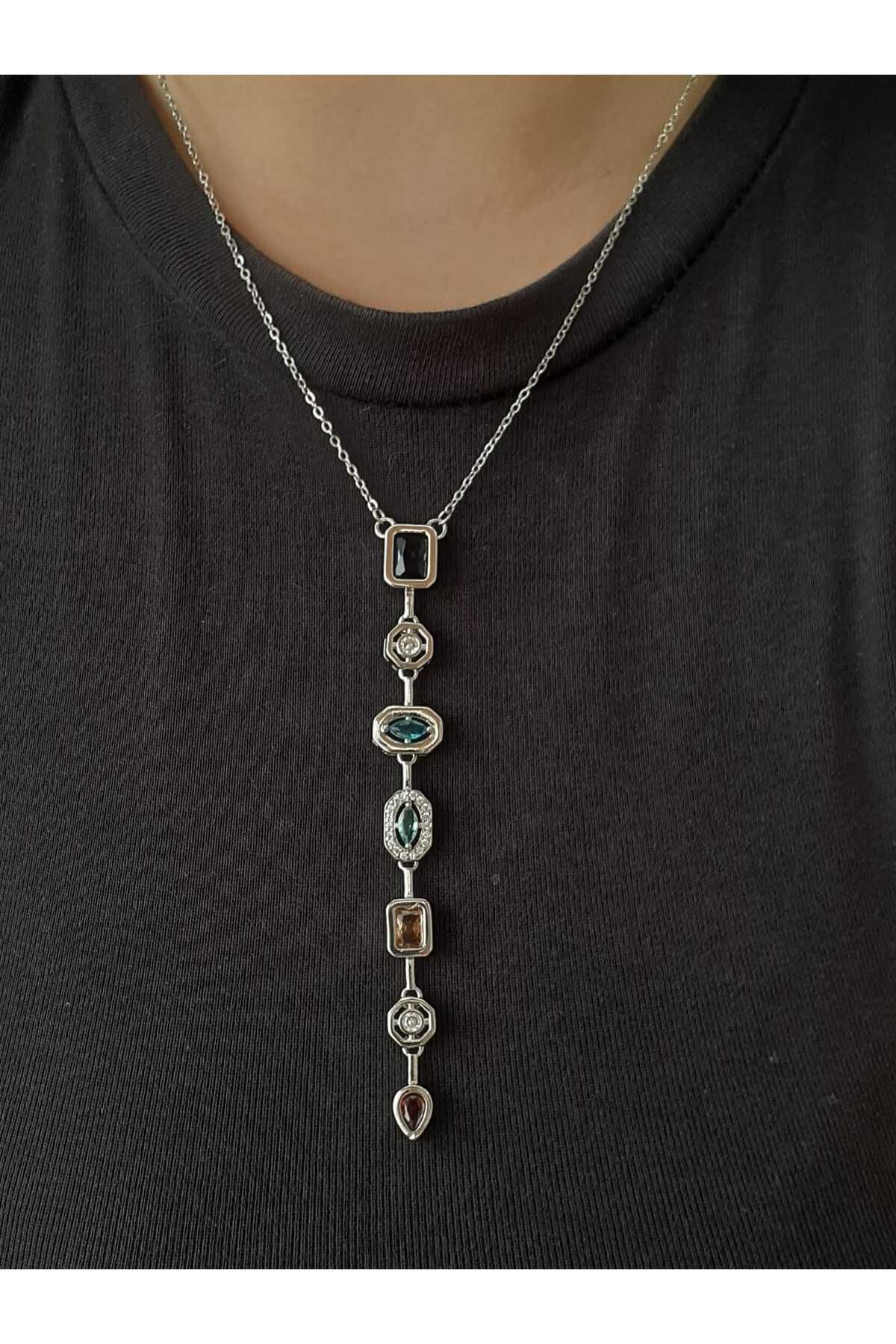 bijoux uniques Çelik Gümüş 7 Element Taşlı Y Kolye