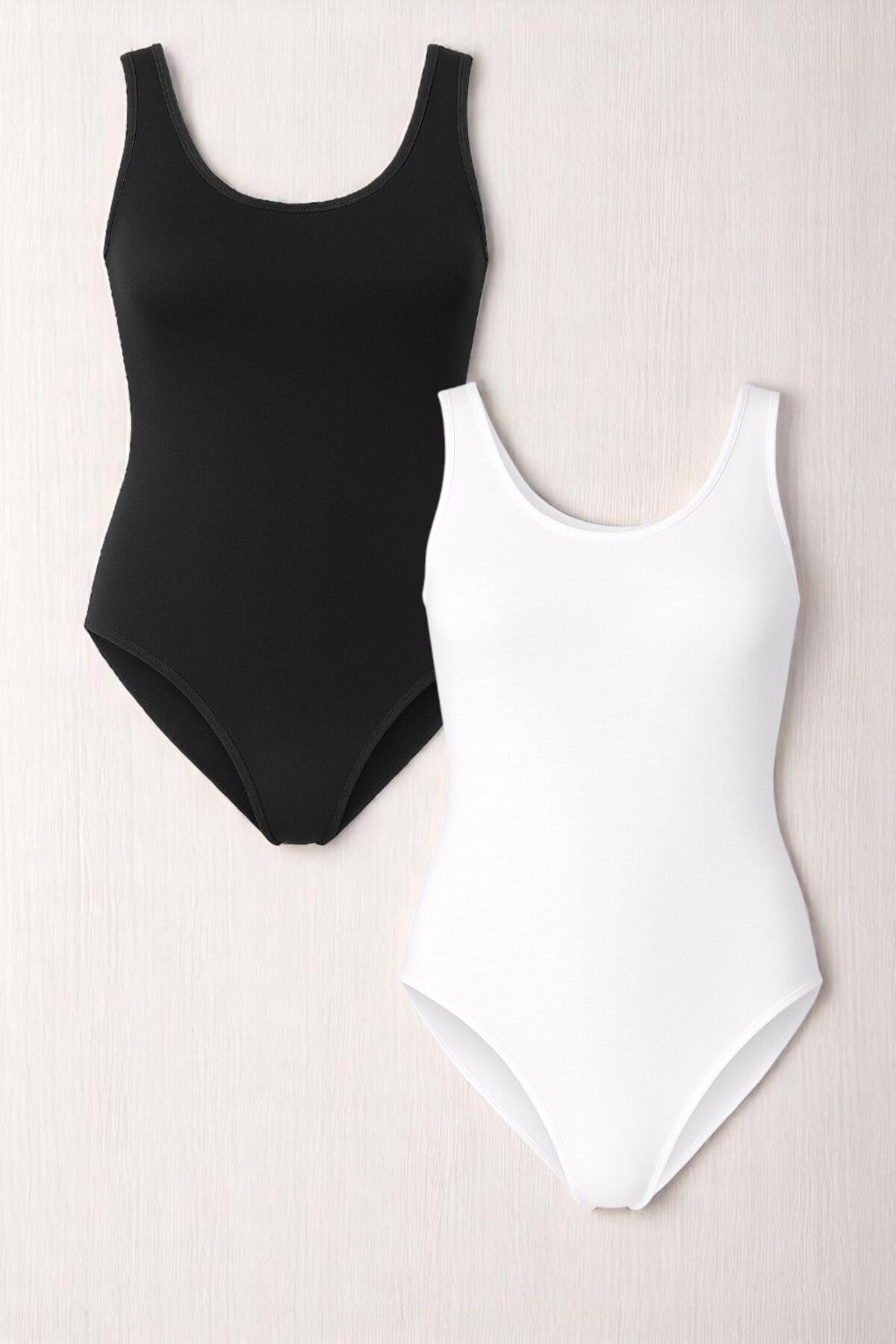 QKK Kadın Pamuklu Likralı Penye Kalın Askılı Siyah & Beyaz 2'li Çıtçıtlı Body