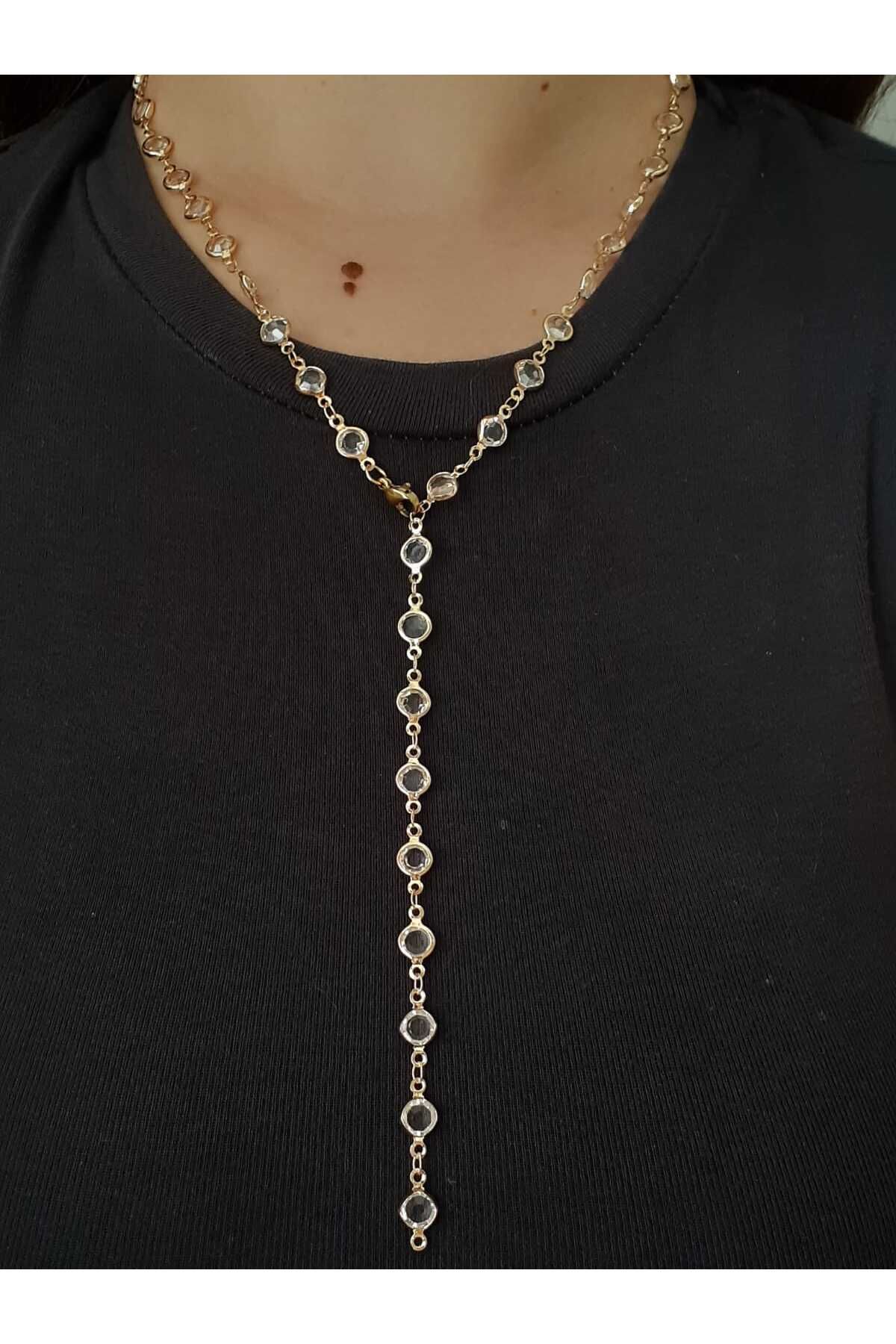 bijoux uniques Çelik Gold Oval Taşlı Y Kolye