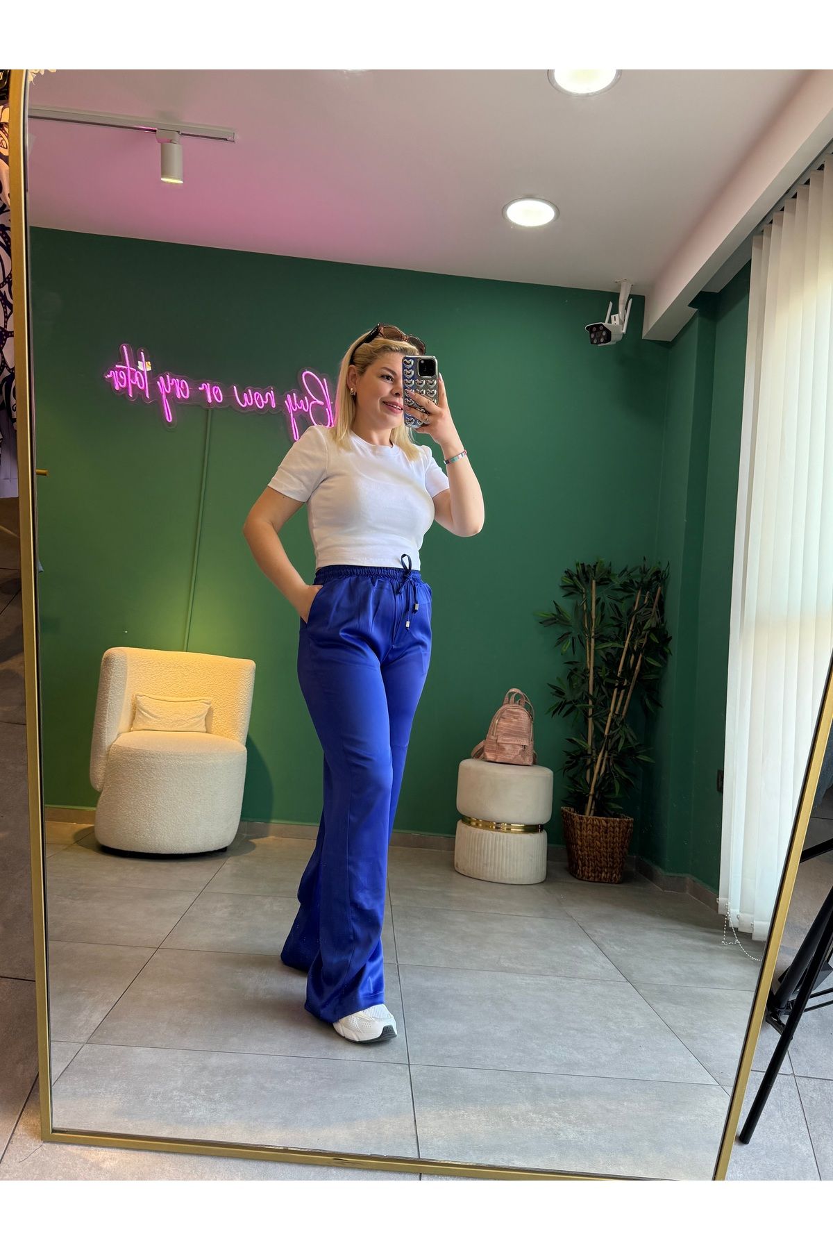 tuğba kumlu butik Saks Mavi Saten Pantolon
