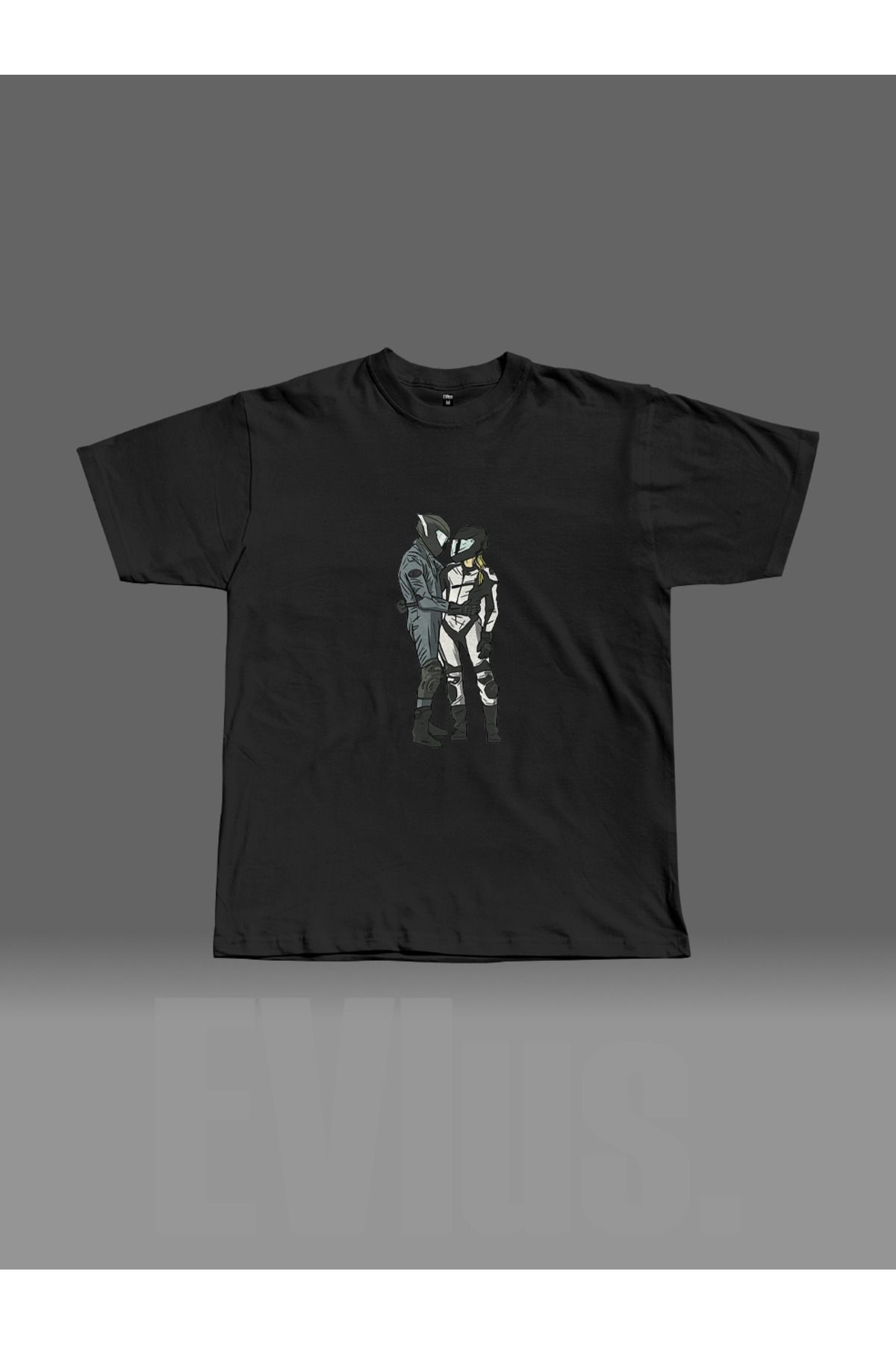 EVIus Oversize Motorcu Sevgililer Vector Baskılı Bisiklet Yaka T-Shirt