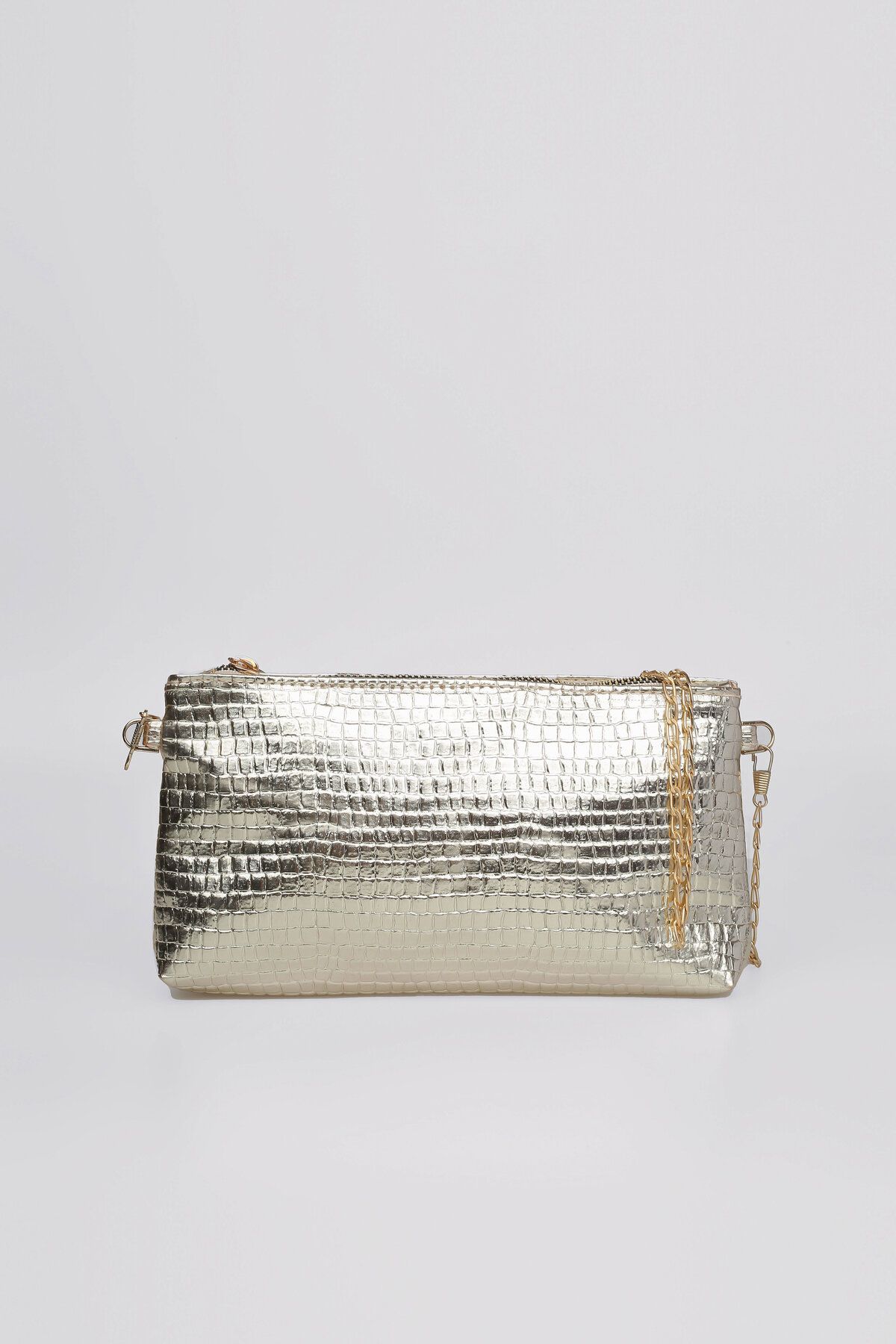 Defnella Kadın Parlak Gold Kroko Abiye Clutch Portföy Ve Çapraz Zincirli Omuz Çantası