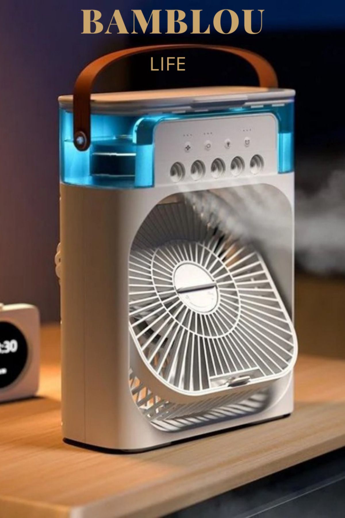 BAMBLOU 600 ml Portatif Mini Klima Fan – Buzlu Soğutucu, Nemlendirici, RGB Işıklı, USB Destekli