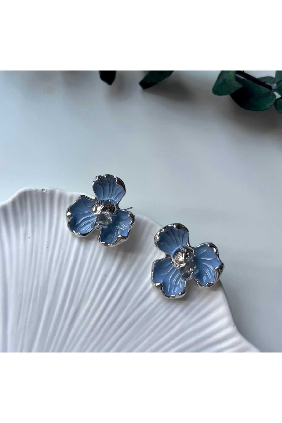 Lavienta Gümüş Mavi Çiçek Model 2.5 cm Büyüklüğünde VIP Küpe