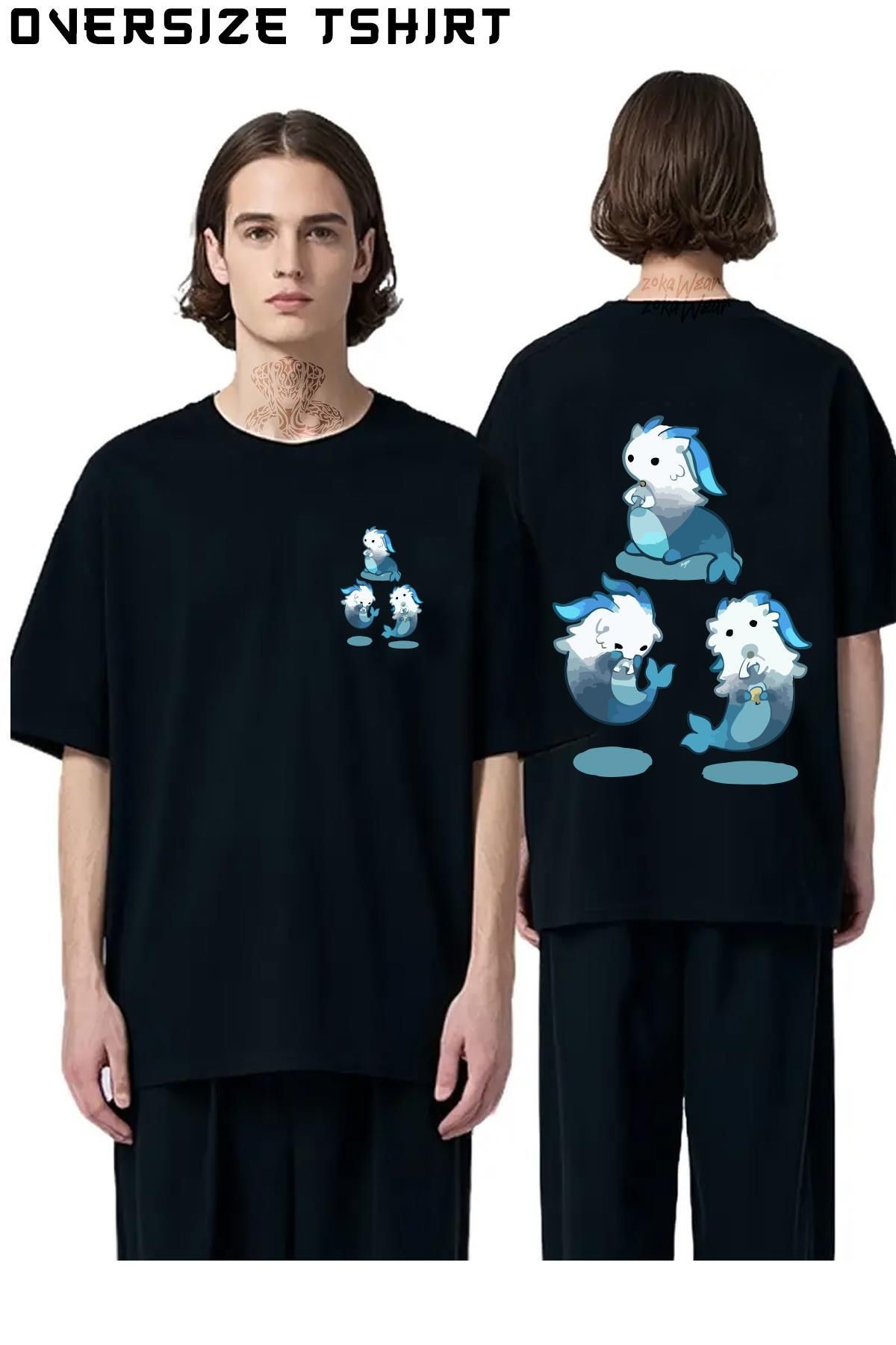 ZOKAWEAR Dragon-Neuvillette-Genshin-Impact Sırt Baskılı Oversize Tişört