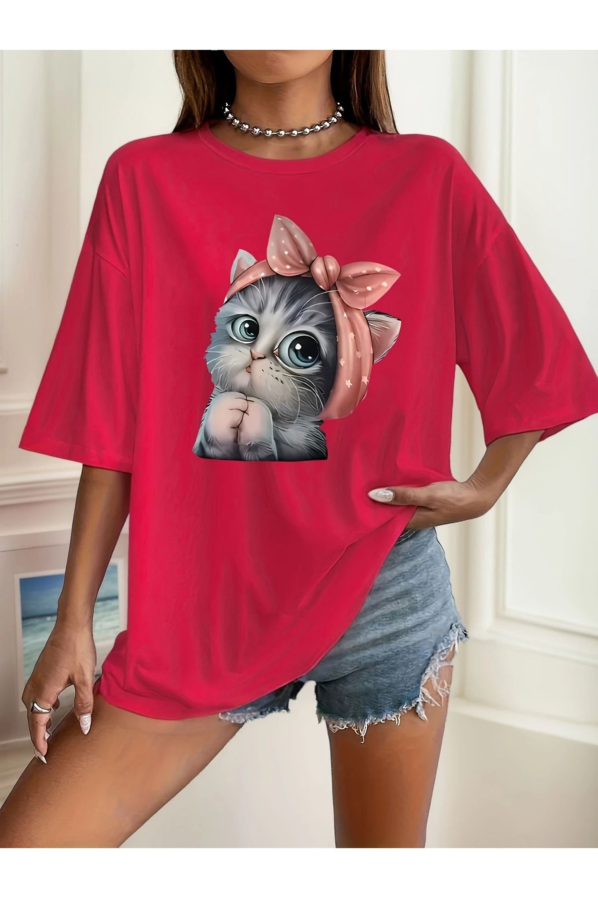 WOODROFFE Kadın Sevimli Kedi Baskılı Oversize Salaş Bisiklet Yaka T-shirt Boyfriend