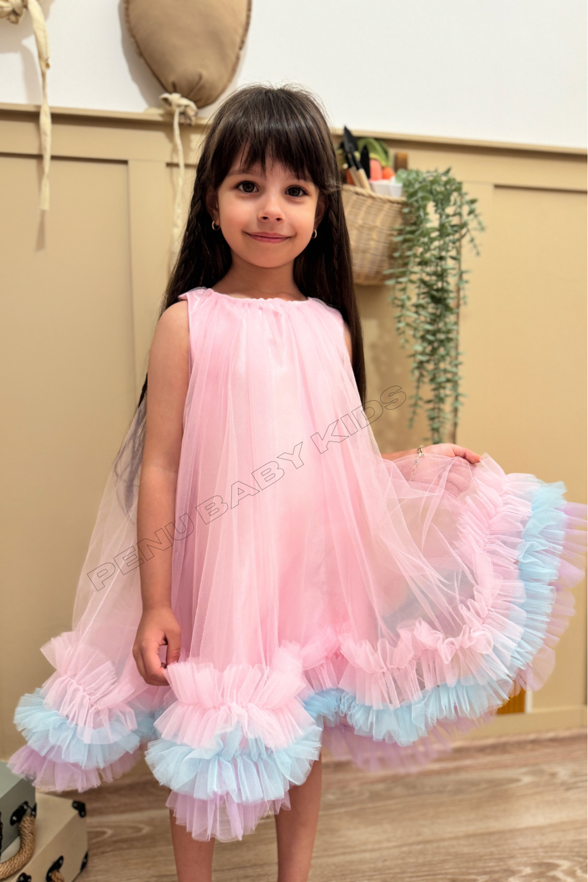 penu baby kids Pembe Jile Eteği 3 Şeritli Renkli Fırfırlı Tül Altı Saten Pamuk Astarlı Kız Çocuk Kız Bebek Elbise fotoğrafı 3 (önizleme)