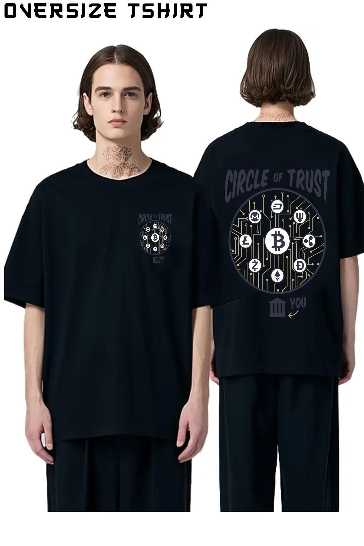 ZOKAWEAR Cricle-Of-Trust-Bitcoin-Ve-Kripto-Para-Saat Sırt Baskılı Oversize Tişört