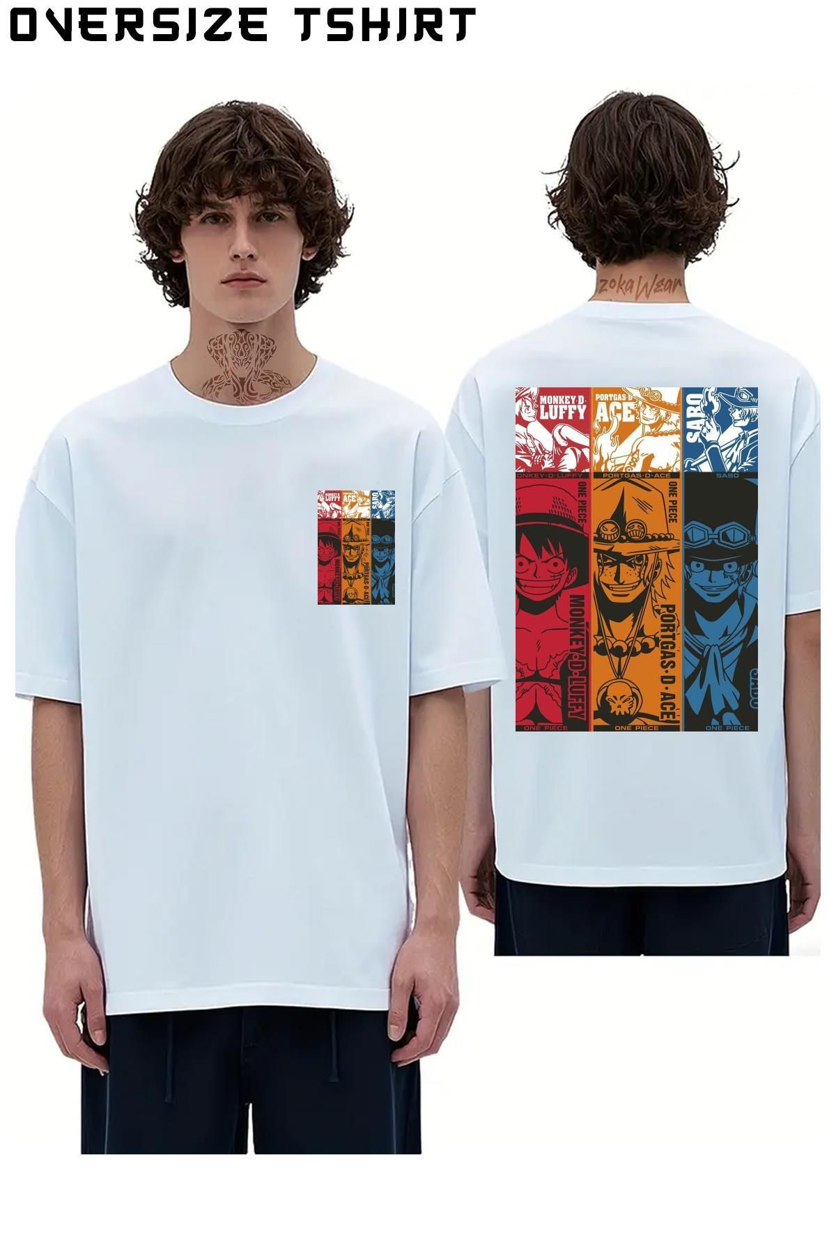 ZOKAWEAR One-Piece-Luffy-Ace-Sabo Sırt Baskılı Oversize Tişört