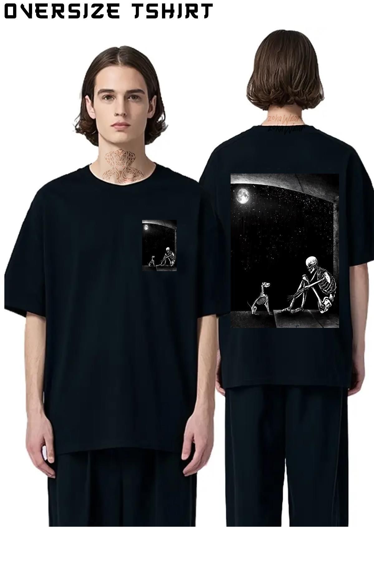 ZOKAWEAR Skeleton-And-Dog,-Iskelet-Ve-Köpek Sırt Baskılı Oversize Tişört
