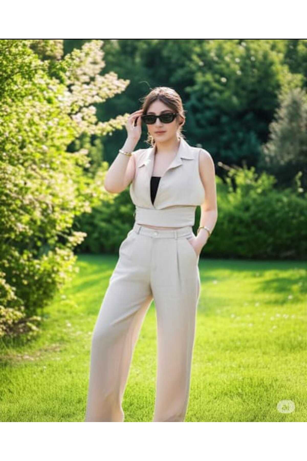 MODA LUNEANDCO Dreas Keten Taş Rengi Bağlamalı Takım