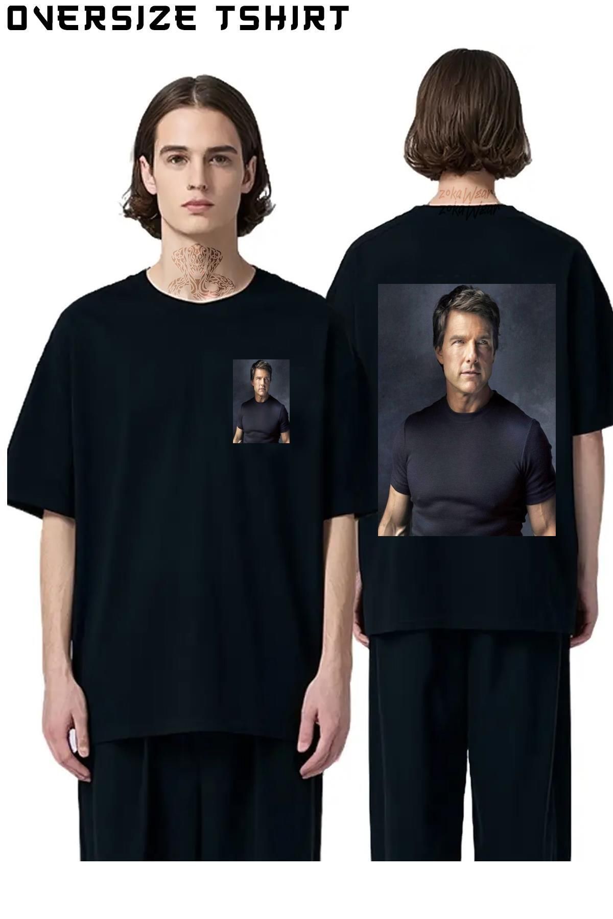 ZOKAWEAR Tom-Cruise-Siya Sırt Baskılı Oversize Tişört