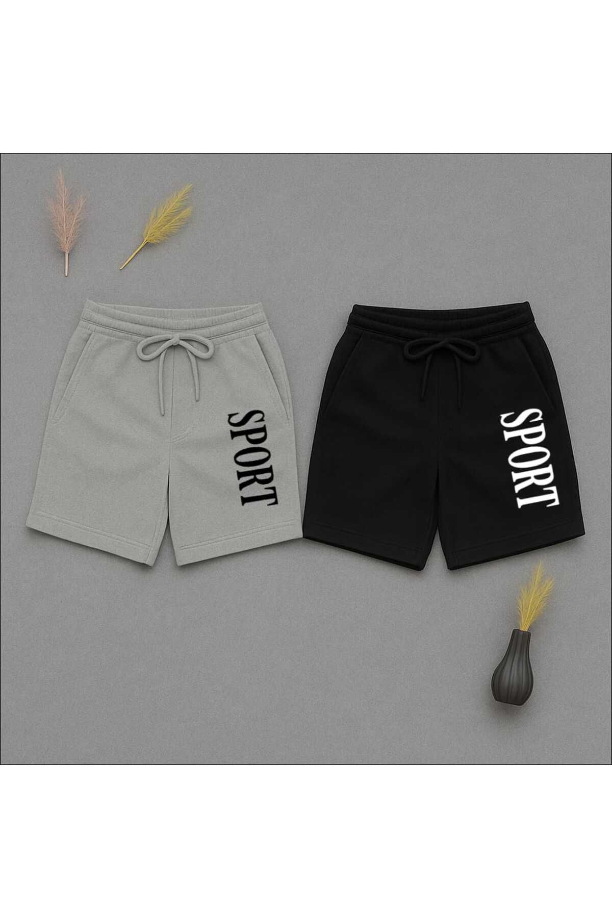 NETTENSTORE 2 Lİ SPORT BASKILI SİYAH GRİ ERKEK ŞORTU