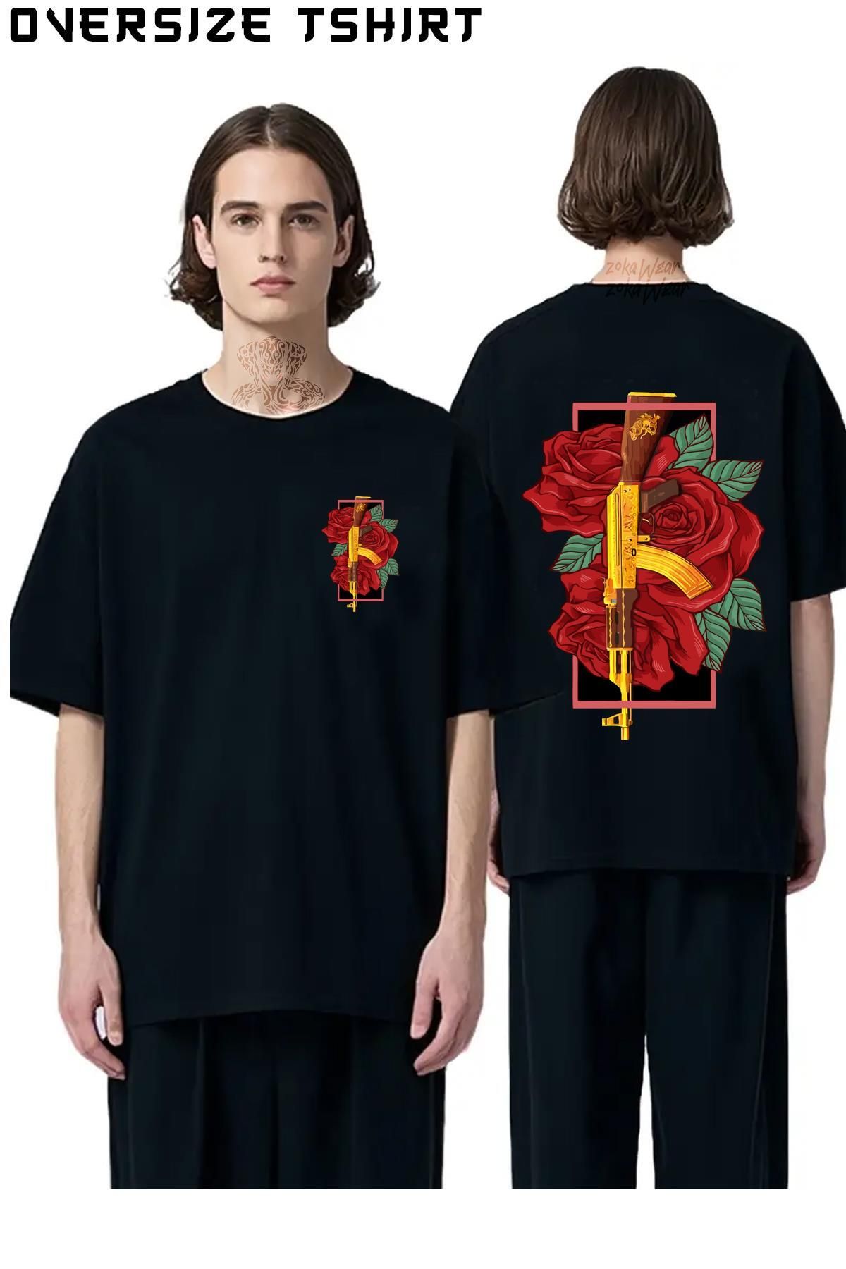 ZOKAWEAR Gül-Ve-Silah Sırt Baskılı Oversize Tişört