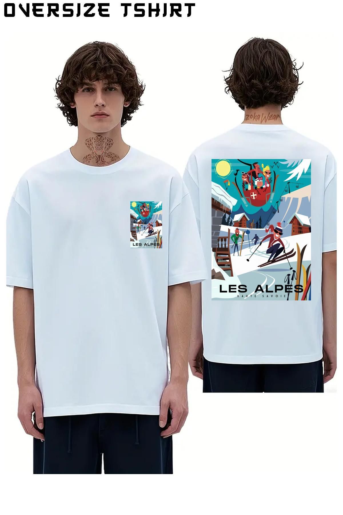 ZOKAWEAR Les-Alpes-Ski Sırt Baskılı Oversize Tişört