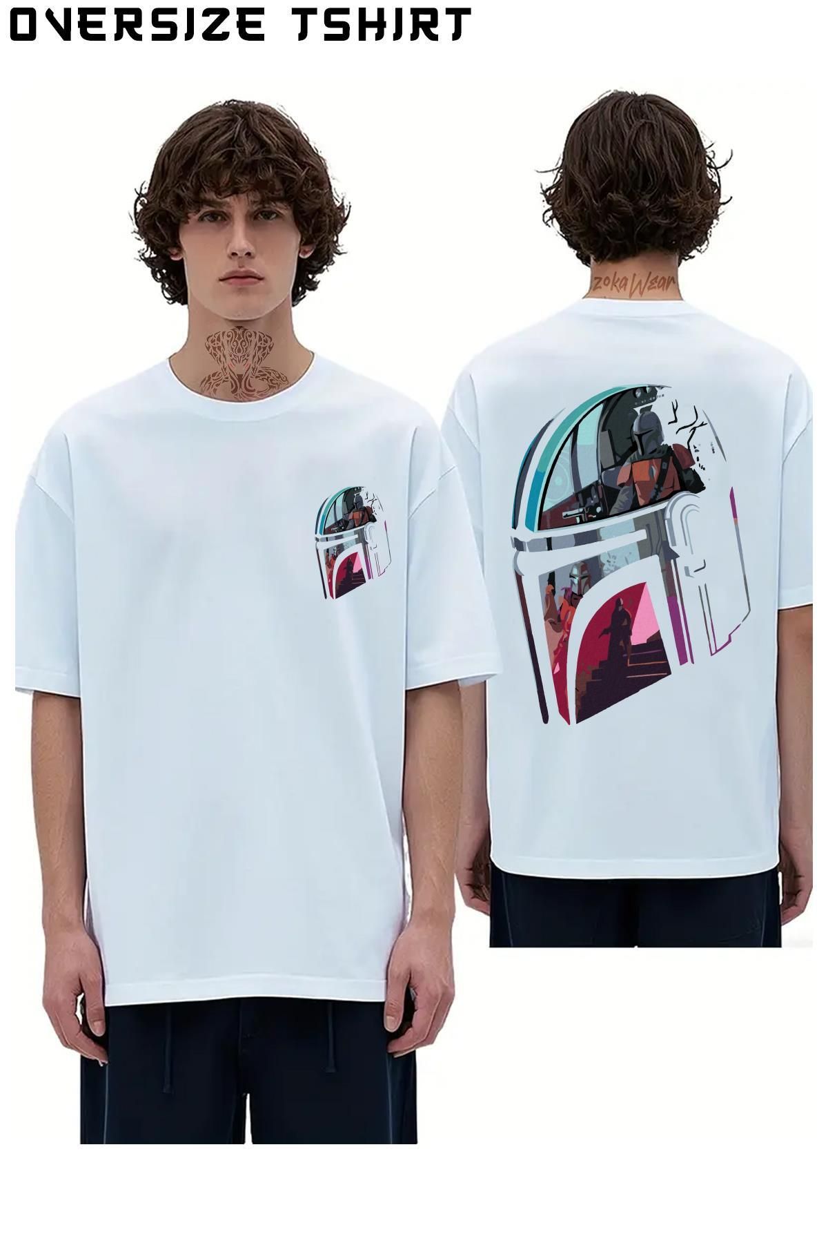 ZOKAWEAR Starwars-Mandalorian-Kask Sırt Baskılı Oversize Tişört