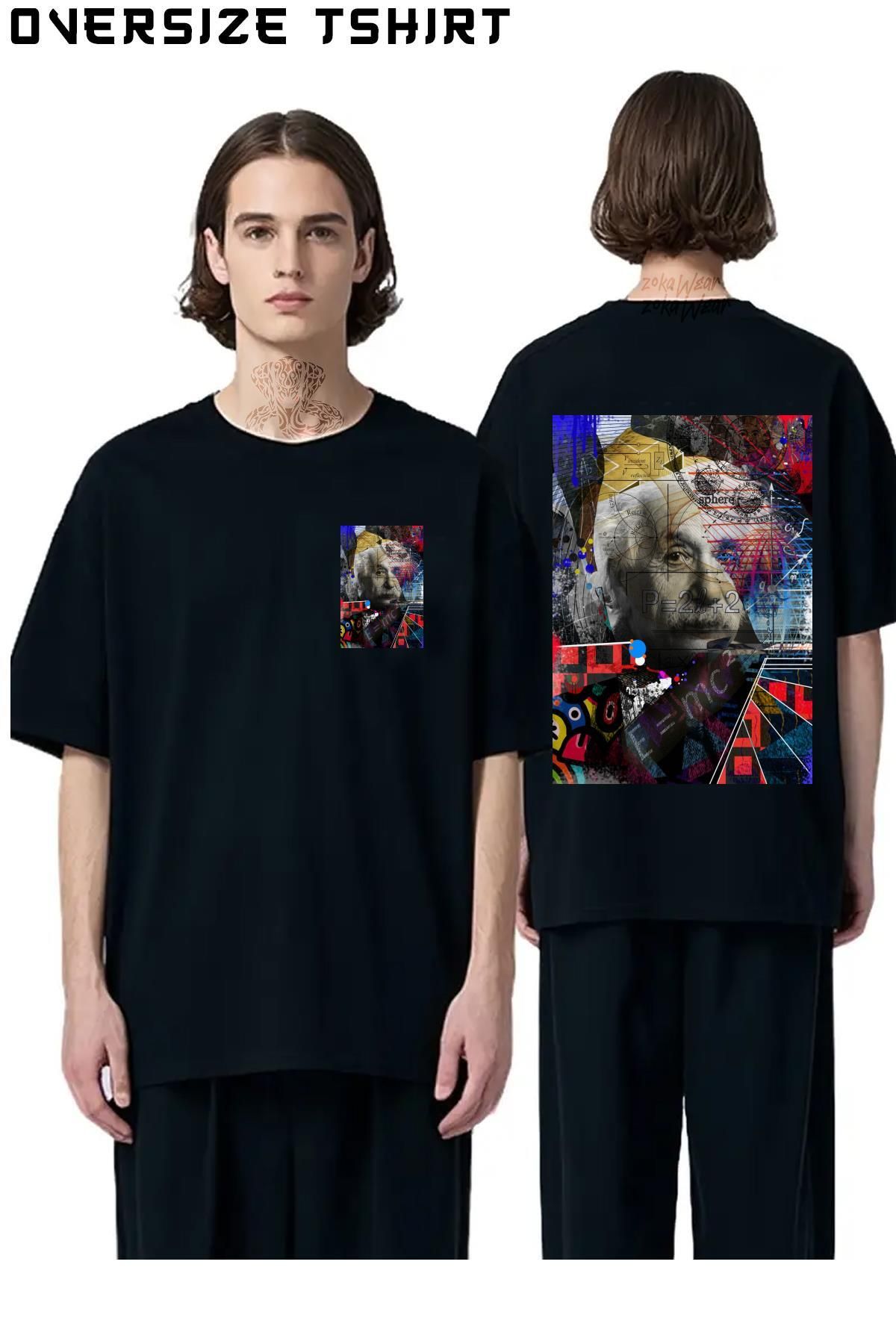 ZOKAWEAR Einstein-Pop-Art Sırt Baskılı Oversize Tişört